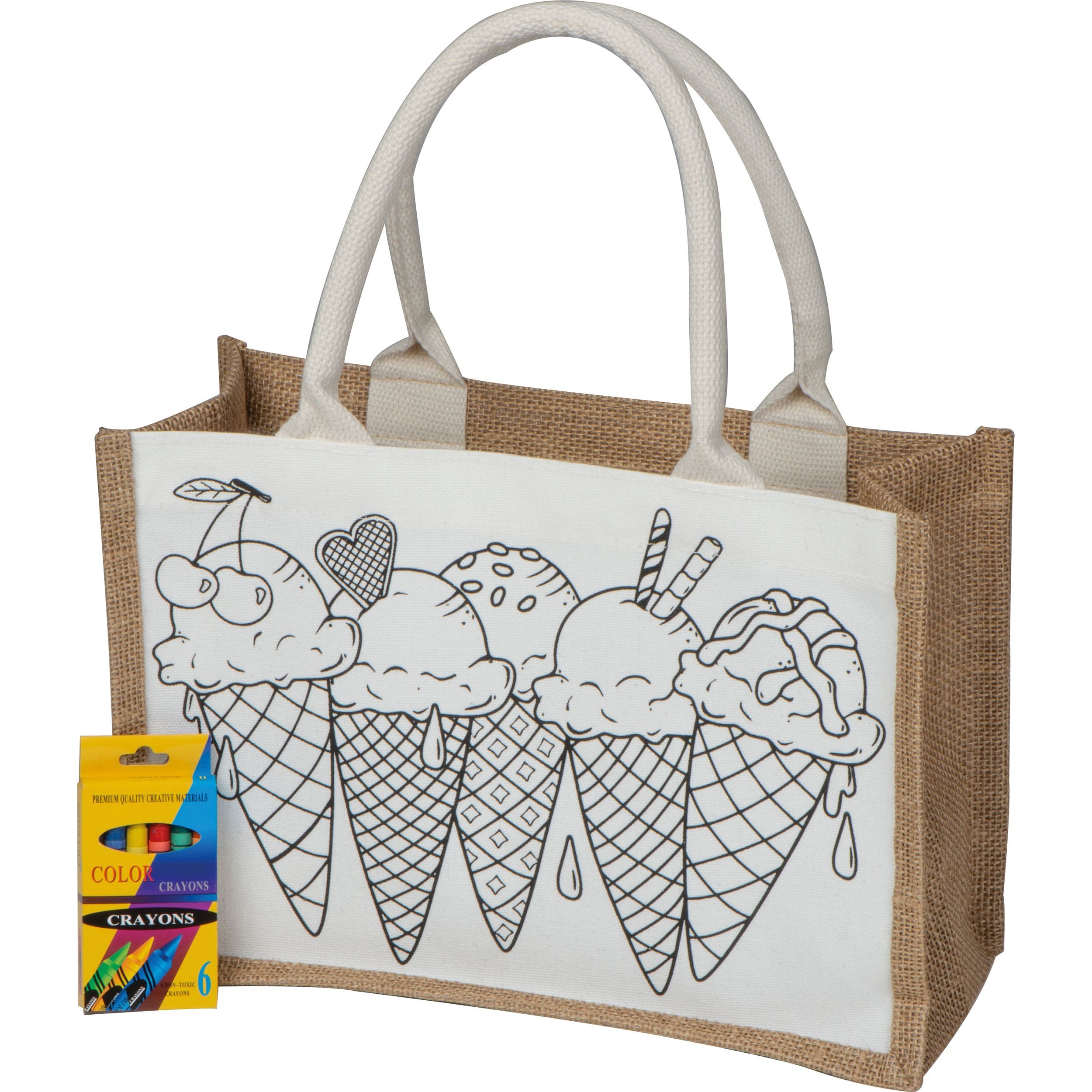 Macma Aufbewahrungstasche Jute Baumwolltasche zum Ausmalen / Einkaufstasche mit 6 Wachsmalkreide