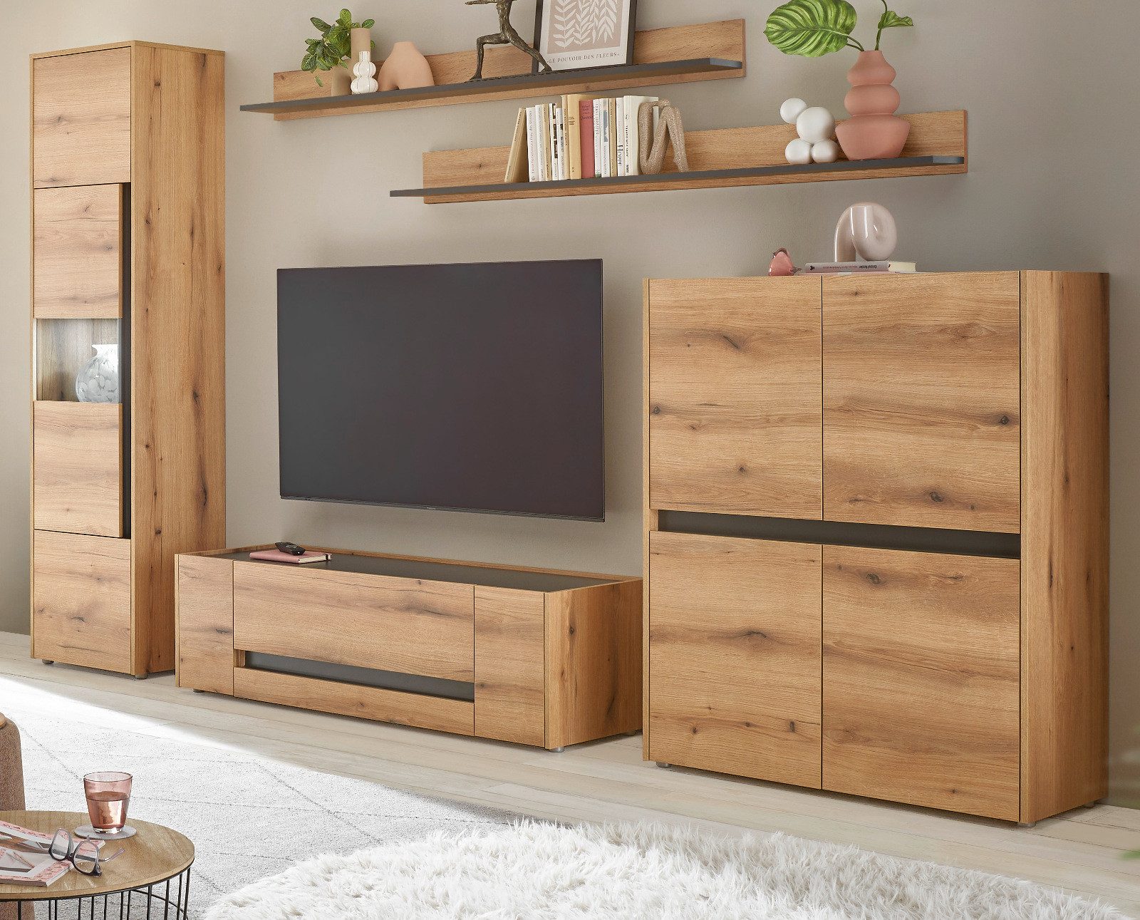 Furn.Design Wohnwand Center, (Wohnkombination in Evoke Eiche mit grau, 5-teilig, Breite 330 - 360 cm), extra viel Stauraum
