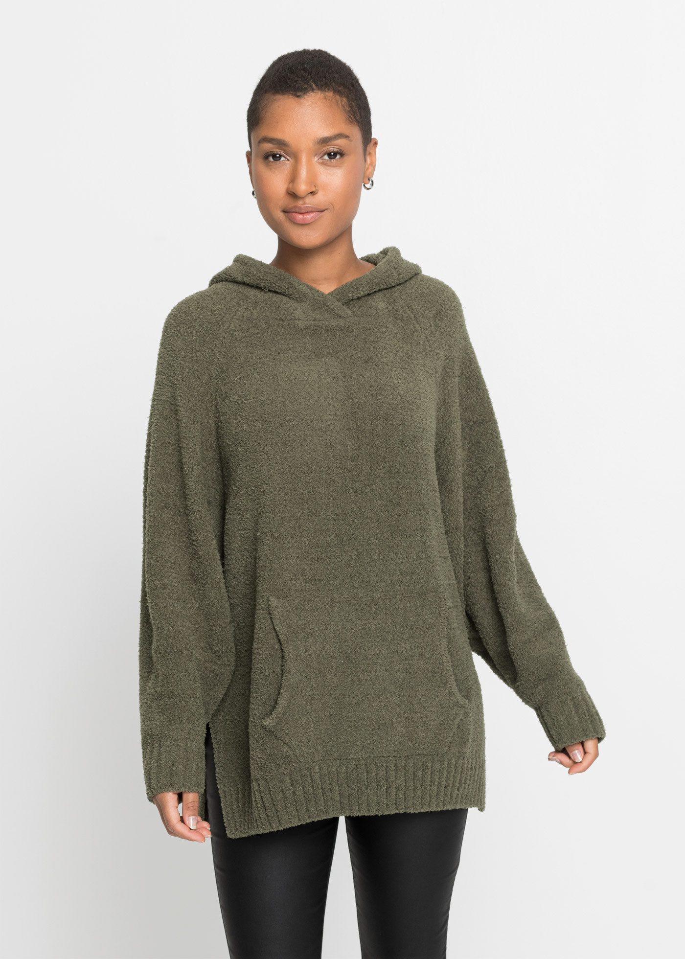 bonprix Strickpullover aus Polyester, mit Kapuze, mit Teddy-Fleece, Oversize Passform