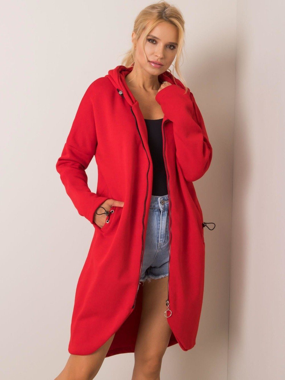 ANNIS Fashion & Accessoires Kapuzensweatjacke MIRA (1-tlg) hoher Baumwollanteil, lang mit Kapuze Rot