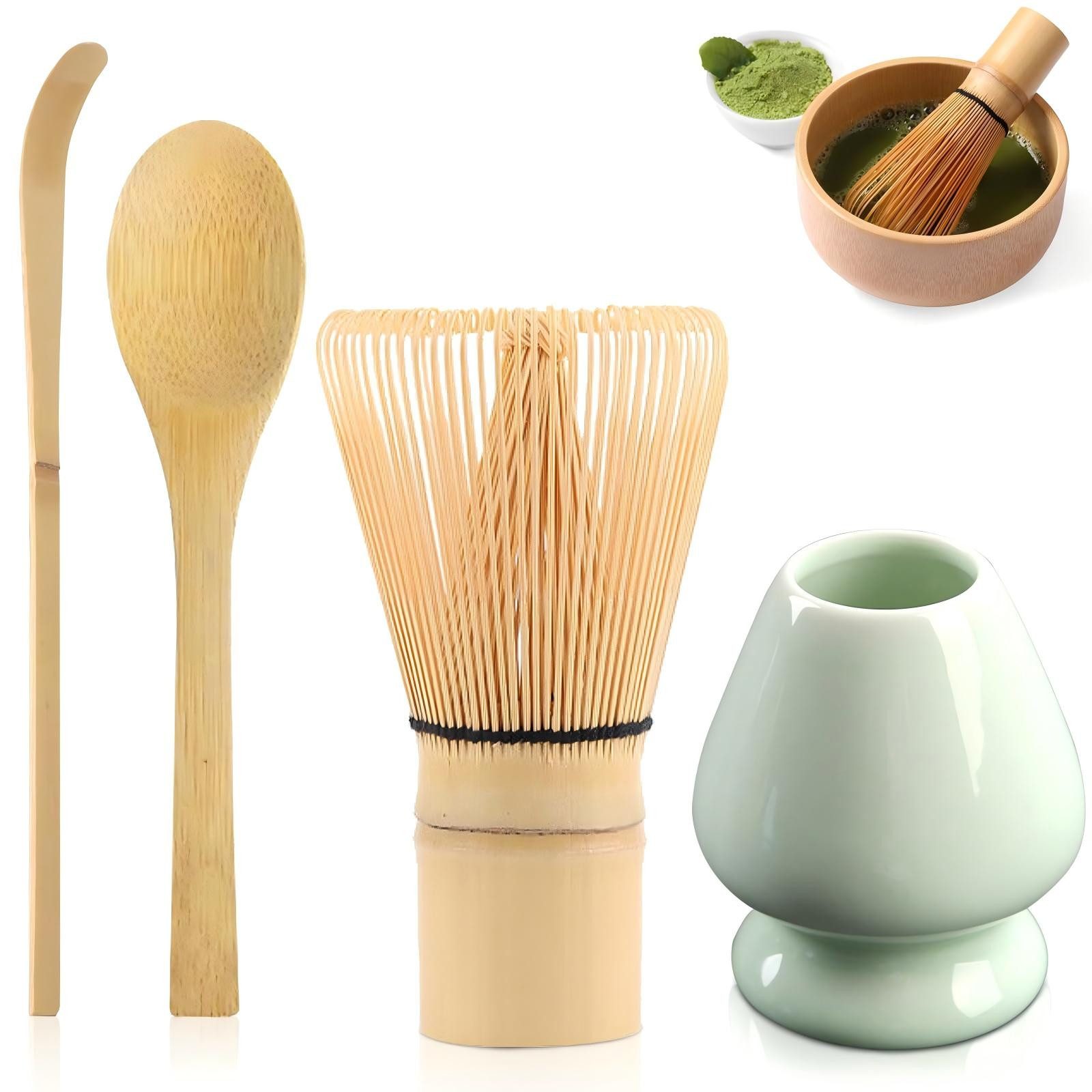 Kityhome Teeservice Matcha 4 Set Teeservice Set,Matcha-Kaffee zubereitung, Matcha-Kuchen, Aus Bambus mit 2*Matcha Löffel 1*Besenhalter 1*Bambus Matcha Besen