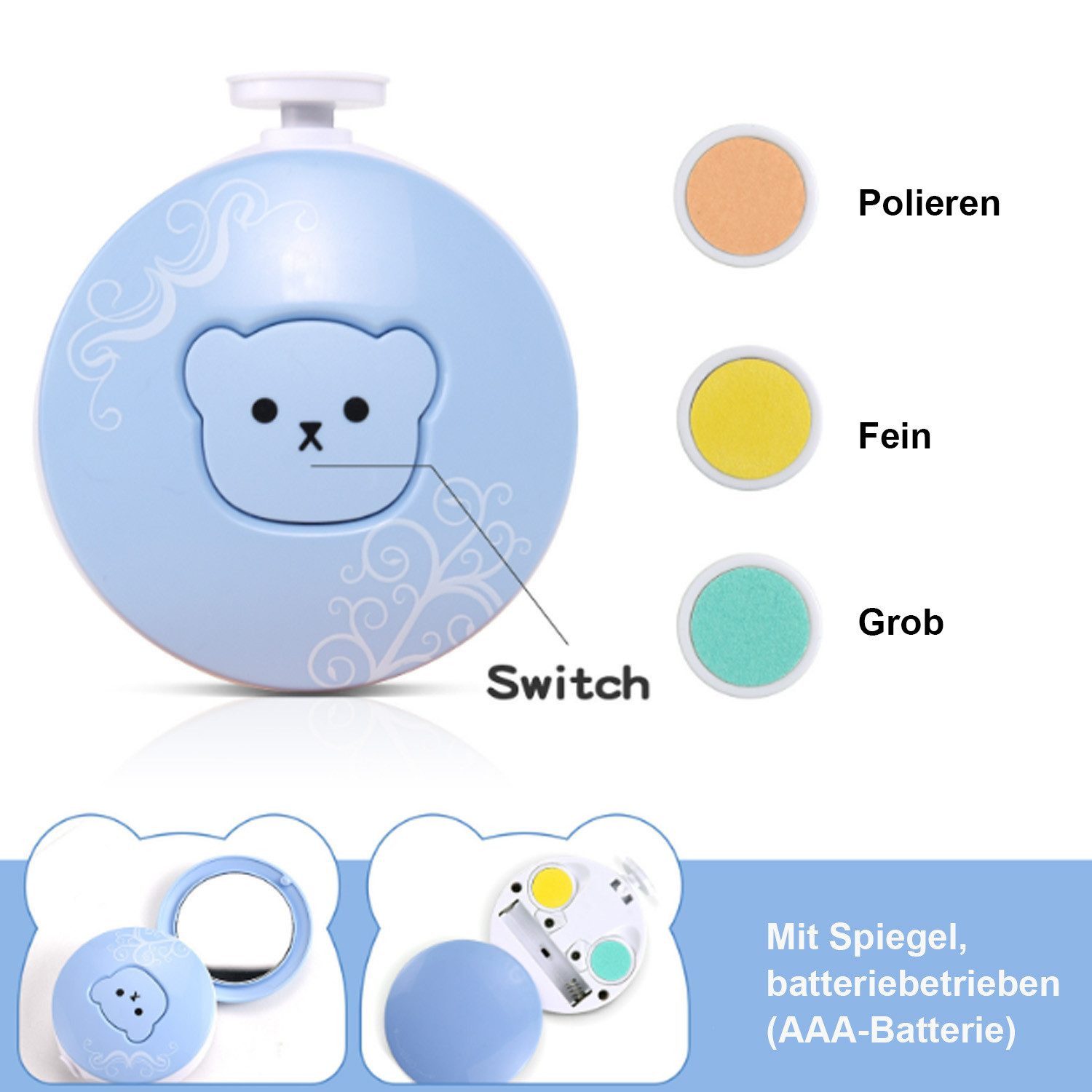 KINSI Baby-Fußnagelknipser Elektrische Baby-Nagelschleifer,Nagelpflegeset Baby mit 6 Ersatzpads, Mit 6 Schleifköpfen