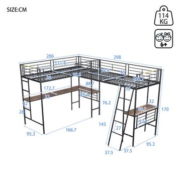 Ulife Etagenbett zwei Hochbett,Tisch unter dem Bett,Doppeltreppe, hohes Geländer,90*200cm*2