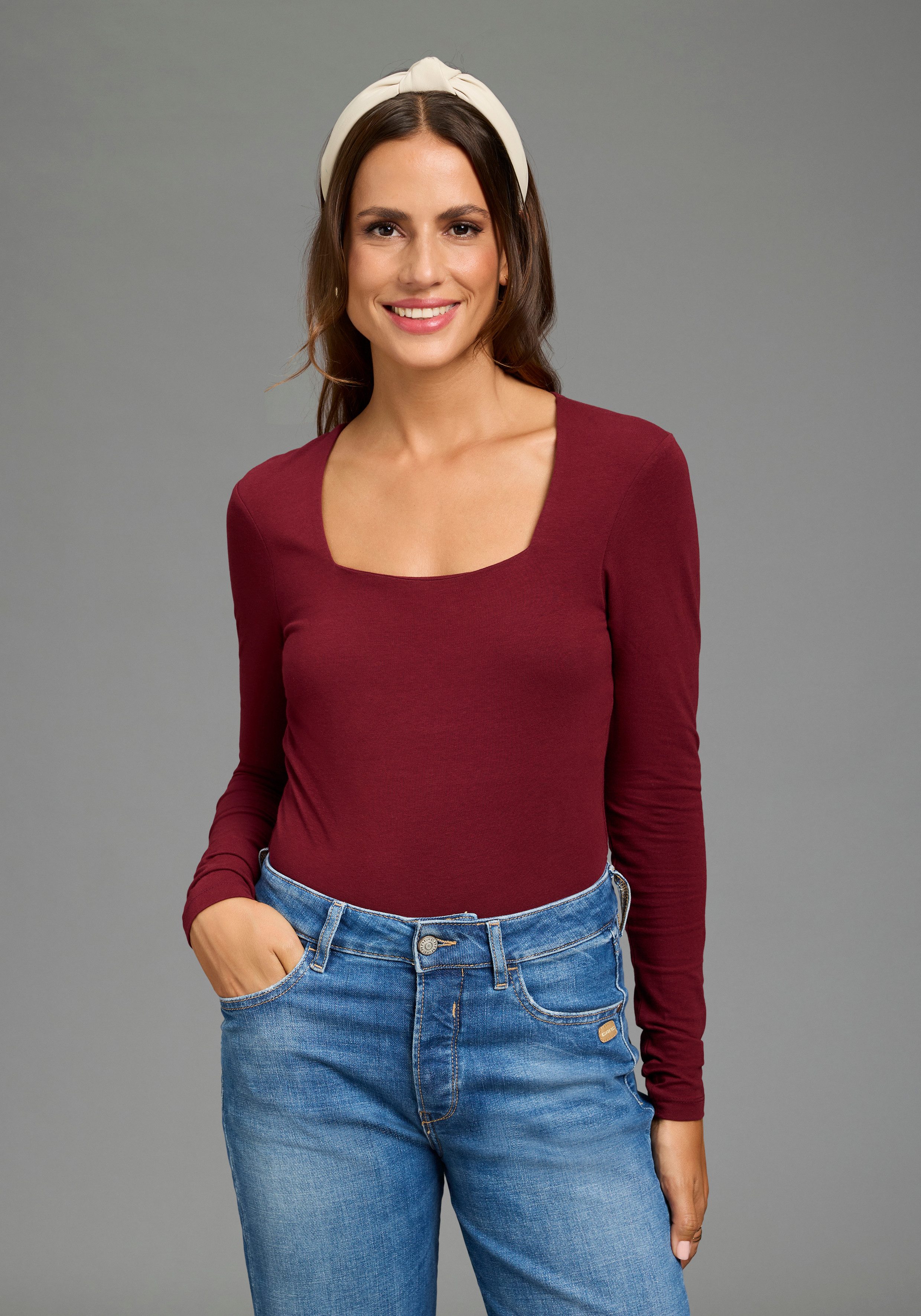 Laura Scott Langarmbody (Packung, 2er-Pack) mit Karree-Ausschnitt, sehr figurbetont