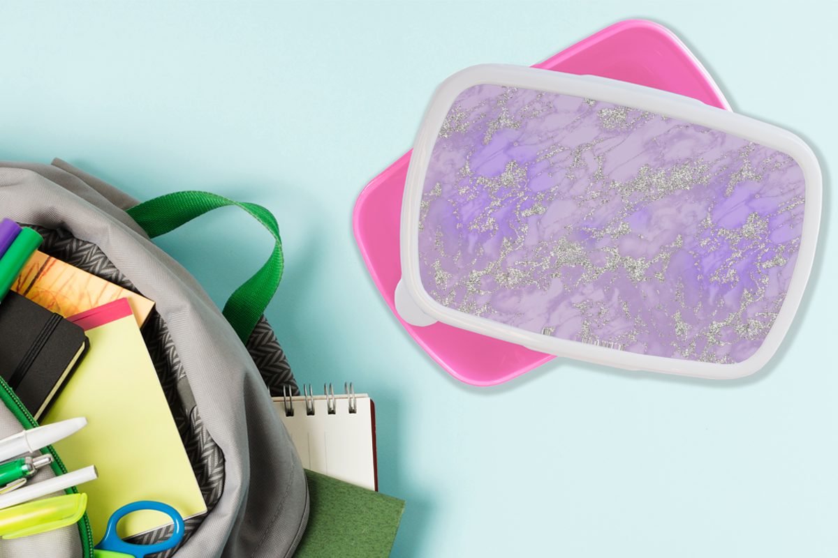 Snackbox, Lila - für Lunchbox Erwachsene, (2-tlg), Brotbox rosa Muster, Kunststoff Mädchen, Kunststoff, - Kinder, Brotdose Marmor MuchoWow