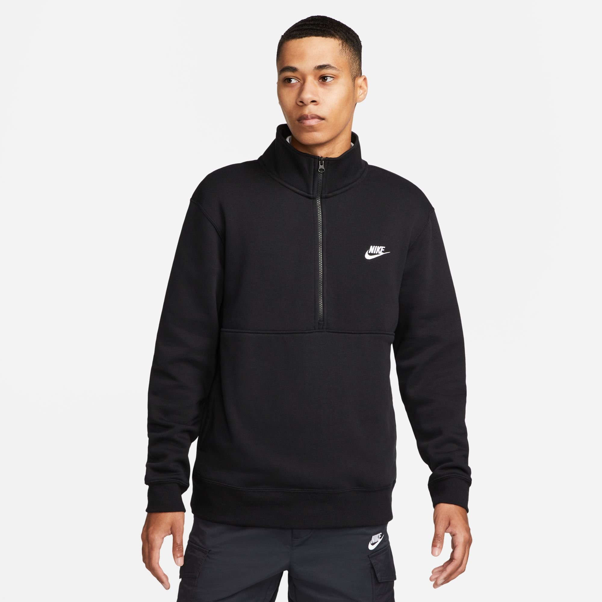 Nike Sportswear Sweatshirt CLUB MEN'S BRUSHED-BACK 1/-ZIP PULLOVER BLACK/BLACK/WHITE