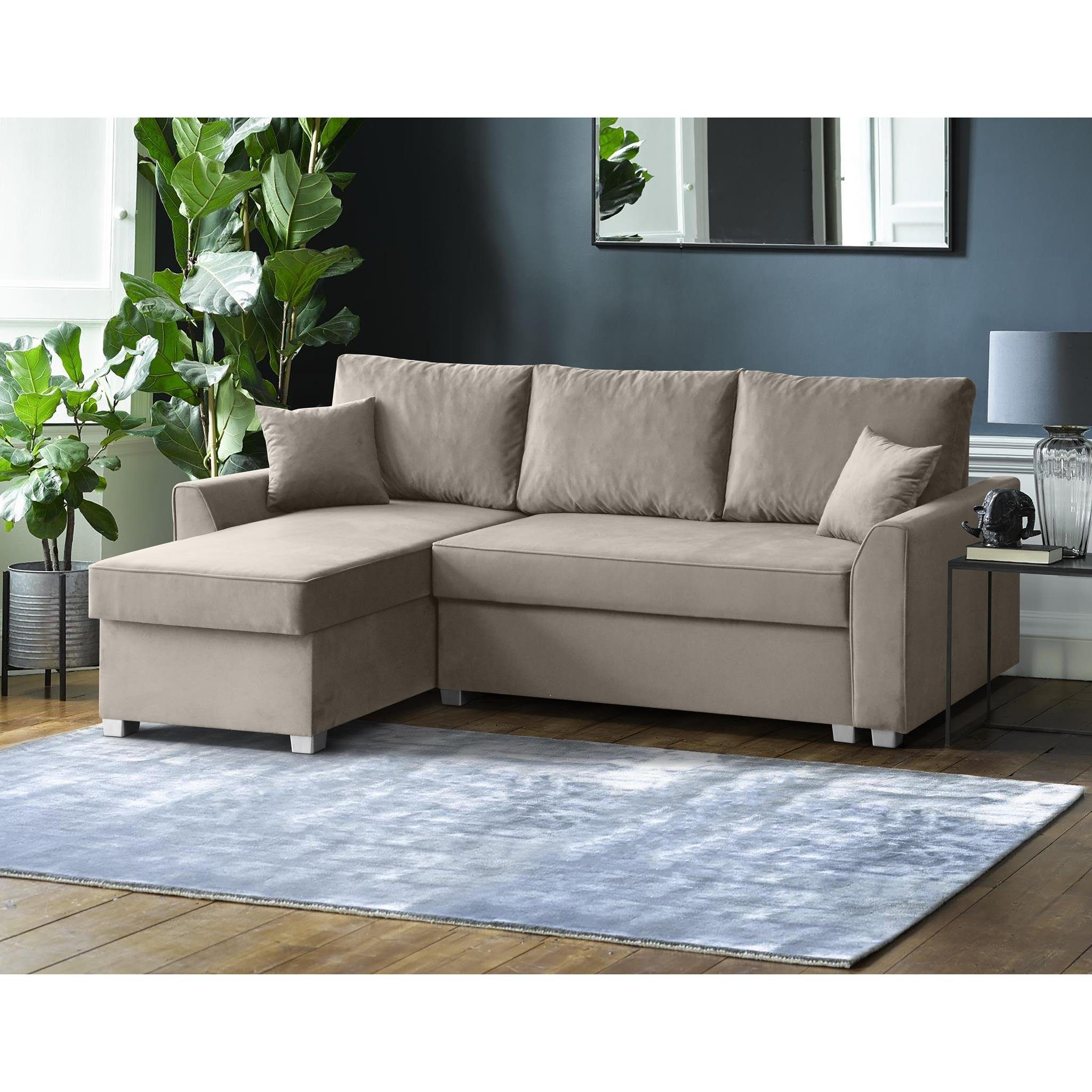 Beautysofa Polsterecke Toretto, Eckcouch aus velours, L-Form Ecksofa, Bettkasten, universelle mane, Kunststoffbeine, inklusive Bonnell-Federn Beige (manila 02)