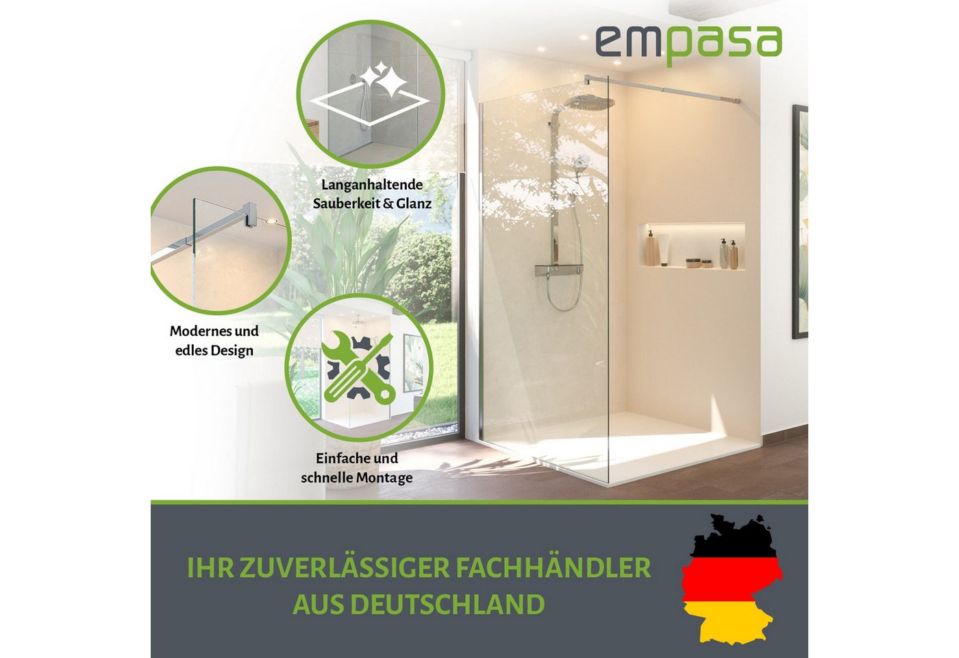 Thumbnail - empasa Walk-in-Dusche Glasduschwand chrom, Duschtrennwand Klarglas mit Nanobeschichtung/ESG-Sicherheitsglas