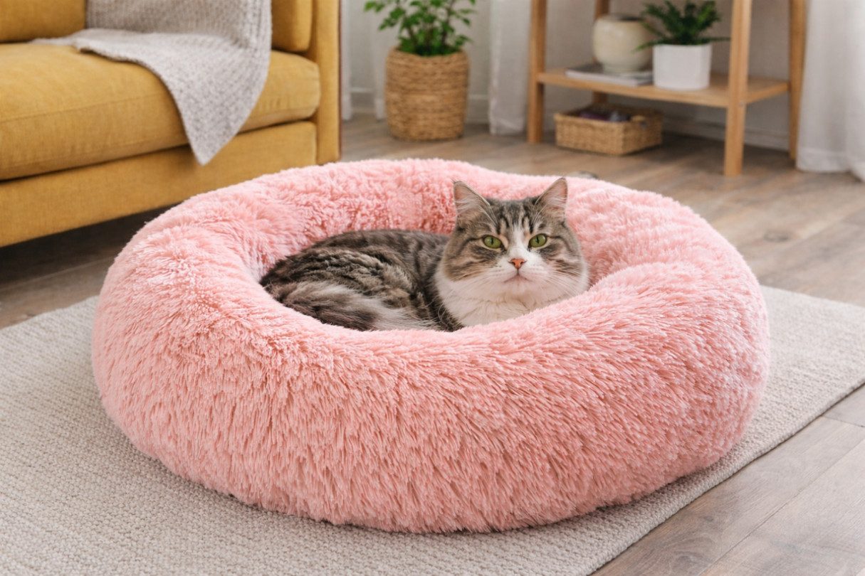 KomfortHome Tierbett Hundebett Katzenbett Donut 60cm Plüsch Shaggy Rutschfest Klein, Haustierbett Rund Flauschig Waschbar Katzen Kleine Hunde
