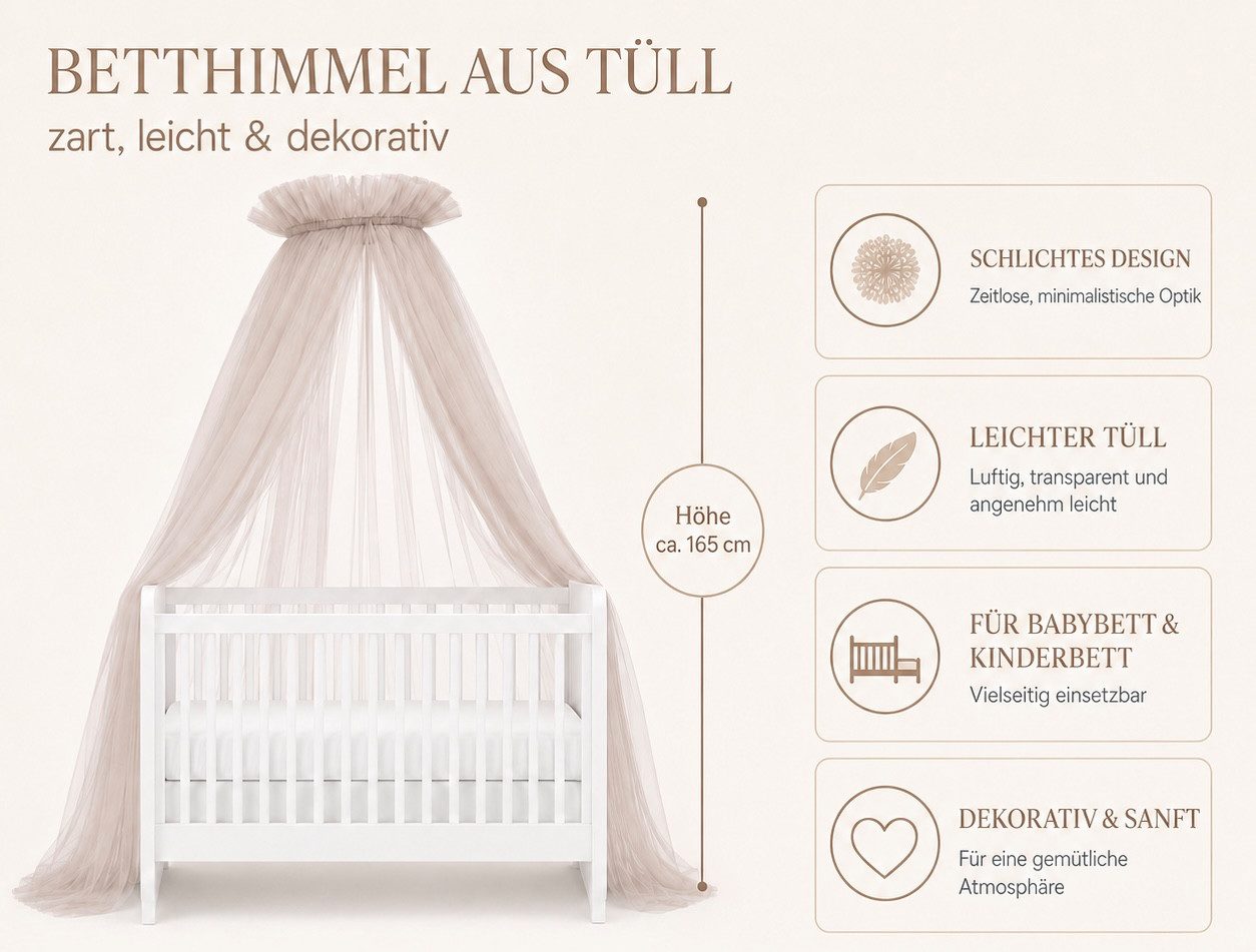 Baby Fancyroom Betthimmel Tüll Betthimmel für Babybett Babywiege Beistellbett Moskitonetz, 165cm lang, mit 2 Bommeln