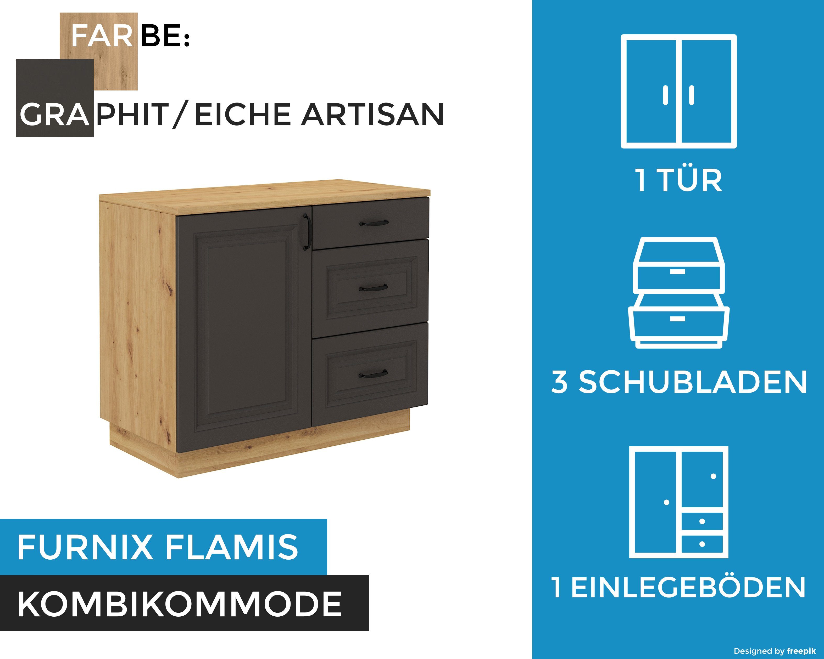 Graphit/Artisan Sideboard, Tür, 3 x Schubladen T50 FLAMIS Furnix B100 Wohnzimmer-Kommode und x cm mit Kombikommode H84