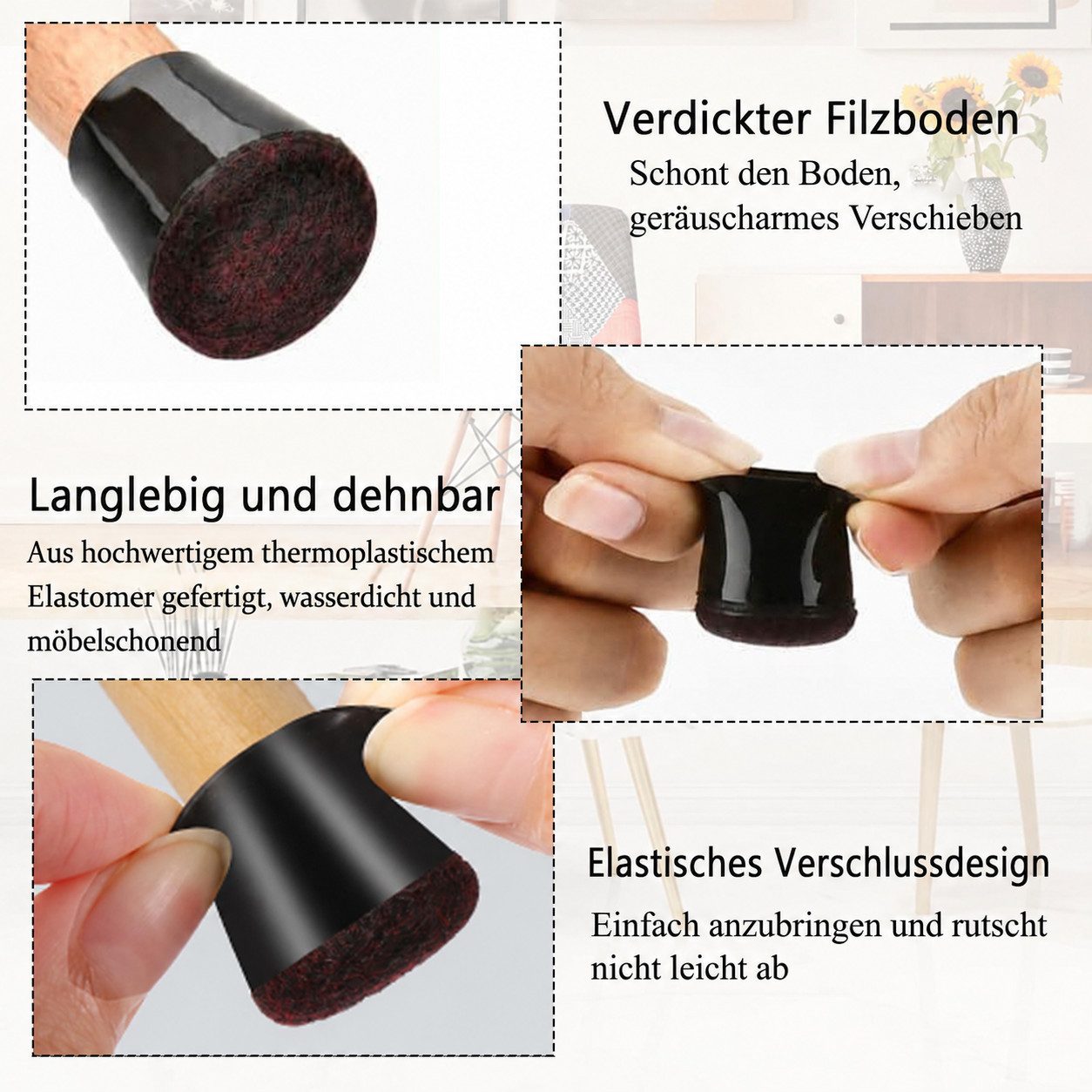 BlingBin Stuhlsocke Stuhlbeinkappen mit Filz, Silikon-Stuhlbeinschoner für Möbelbeine, (40er Set, 40 St), Stuhlbeinschoner für runde Möbelbeine 15–18 mm, Bodens – Bild 3 von 5