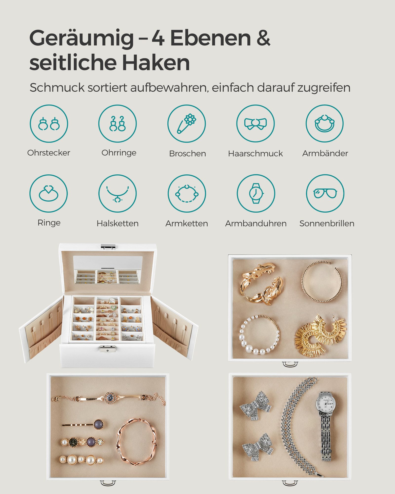 SONGMICS Schmuckkasten, 4 Ebenen, mit Griff, 3 Schubladen, großer Spiege günstig online kaufen