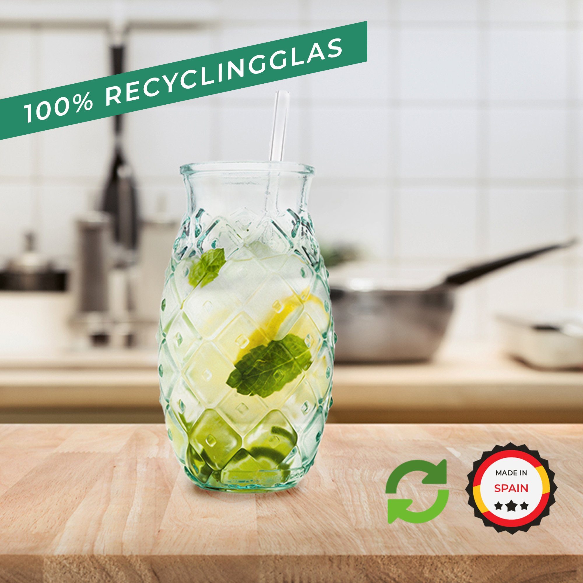 BigDean Cocktailglas Trinkgläser im Ananas-Design 700ml, 4-tlg., Glas, 100% Recycling Glas, Spülmaschinenfest, Langlebig, robuste Glasstärke