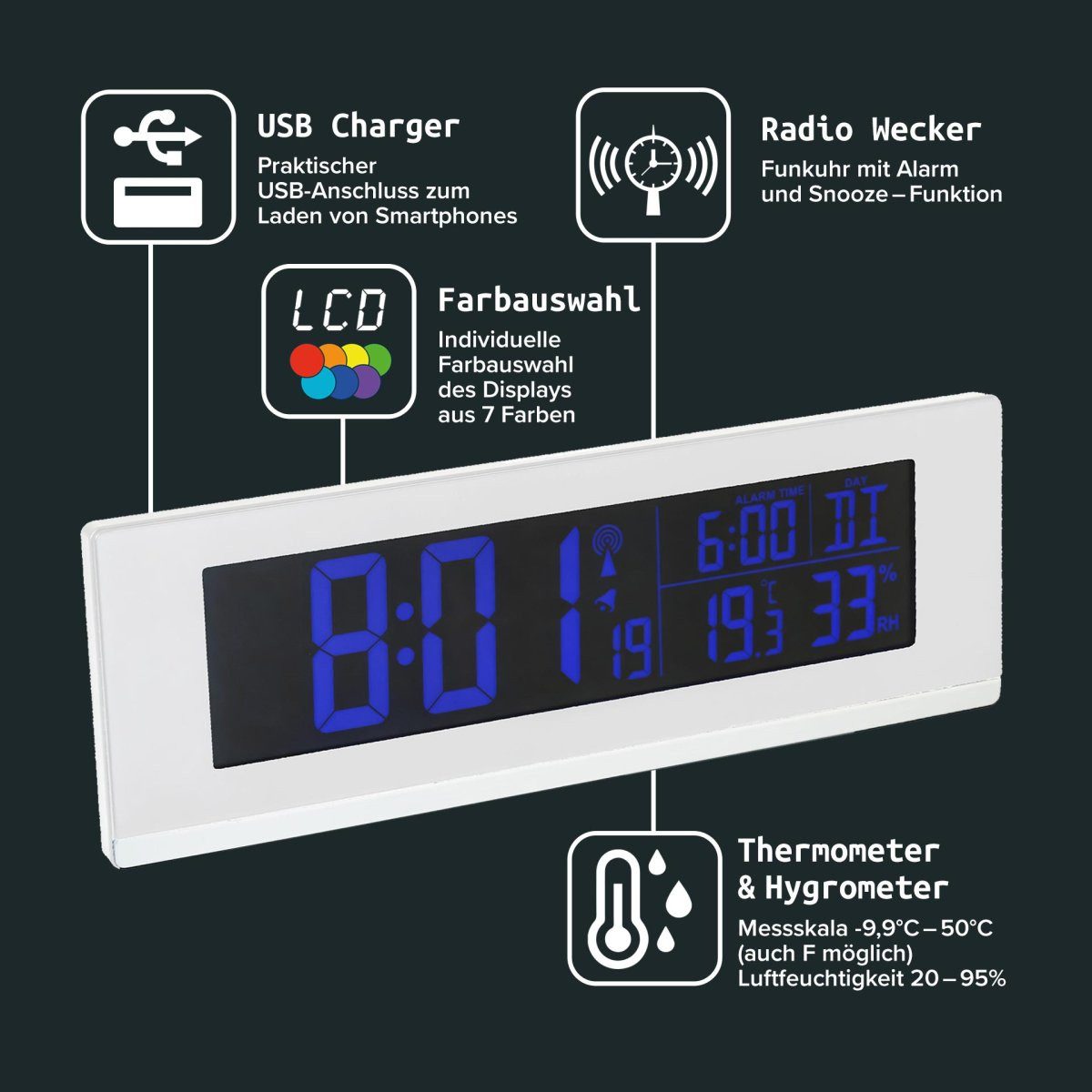 FACKELMANN Funkuhr Digitale Funkuhr – Wecker, Thermometer, Hygrometer, USB-Ladefunktion