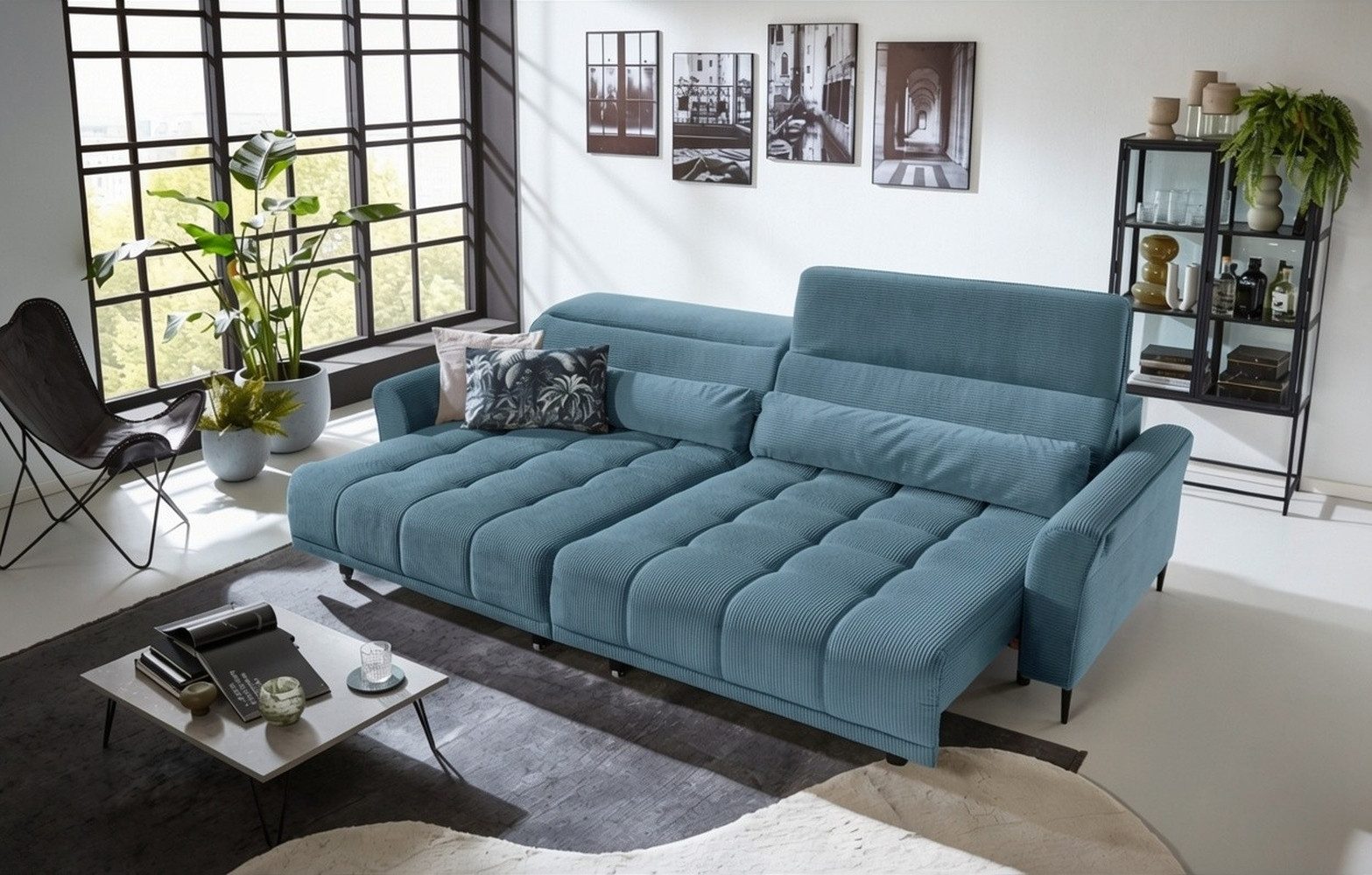 freiraum Big-Sofa Wolve, 2x elektr. Verstellung, Cord blau - 280x108x118cm (BxHxT)