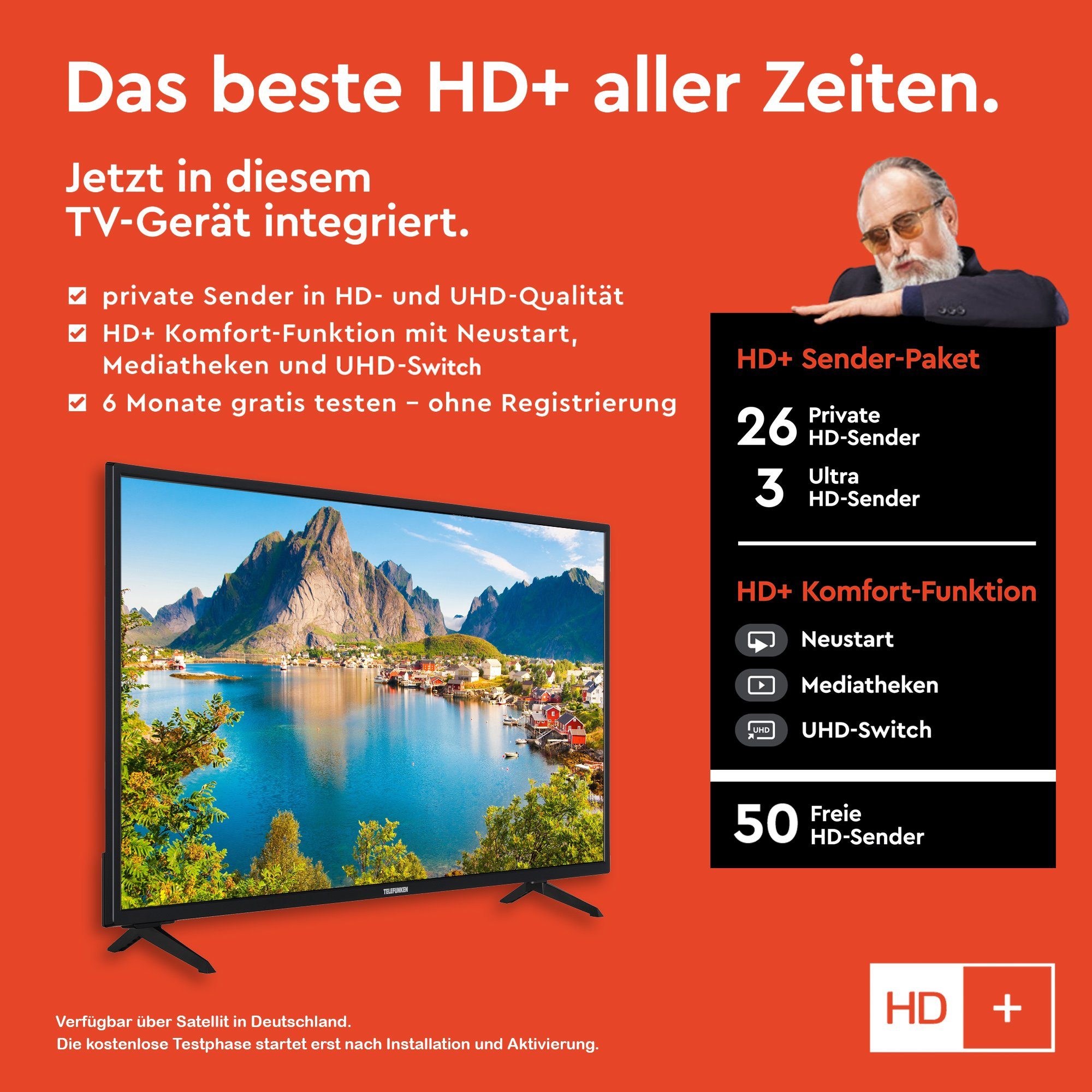 HD, 6 Fernseher XU43SN550S cm/43 Ultra Dolby Telefunken Atmos, Zoll, Monate inkl) TV, LCD-LED HD+ (108 Triple-Tuner, HDR, 4K Smart