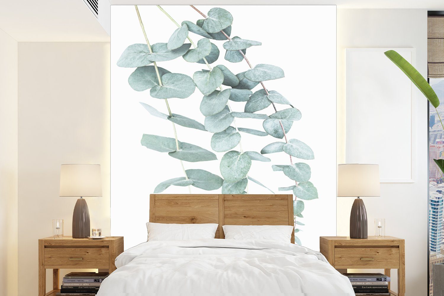 - (4 - Montagefertig Pflanzen St), Weiß Wandtapete Tapete Blätter, bedruckt, - Fototapete Vinyl Natur Grün Matt, für MuchoWow - Wohnzimmer,
