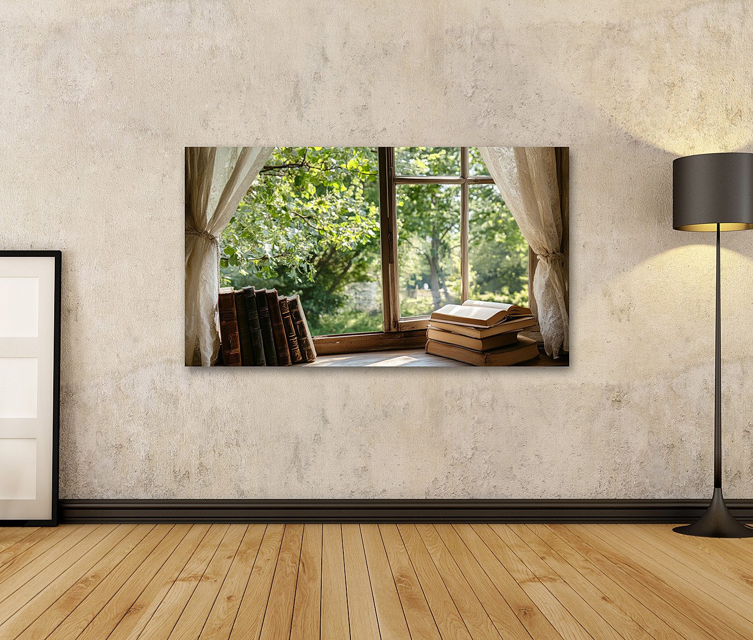 islandburner Leinwandbild Bücher am alten Fensterblick ins Grüne Wandbild