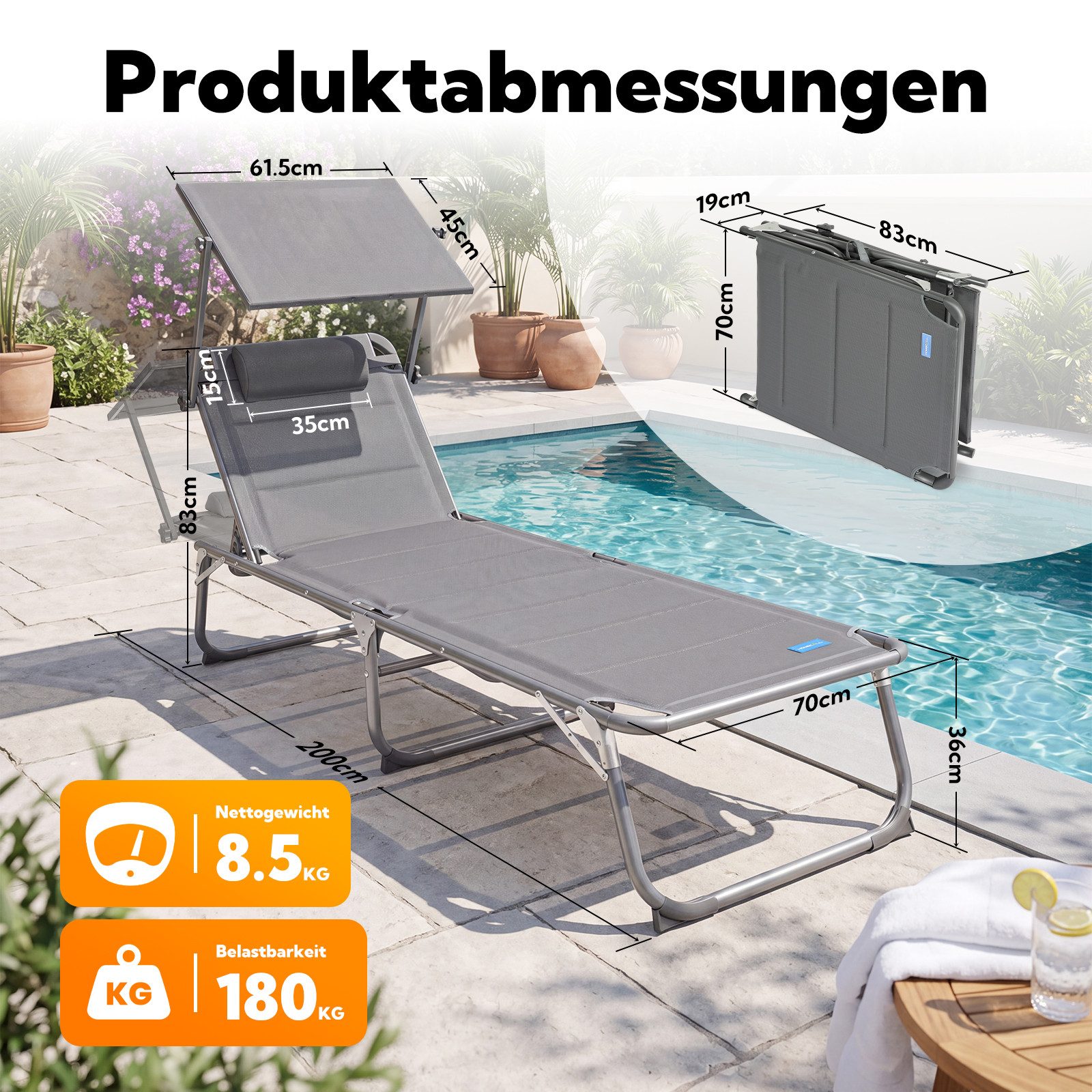 HOMECALL Gartenliege Sonnenliege AluLiege Liegestuhl Strandliege Liegen wetterfest, klappbar, Textilene Mit Dickemschnelltrocknende Schaumstoffpolsterung, Verst – Bild 2 von 5