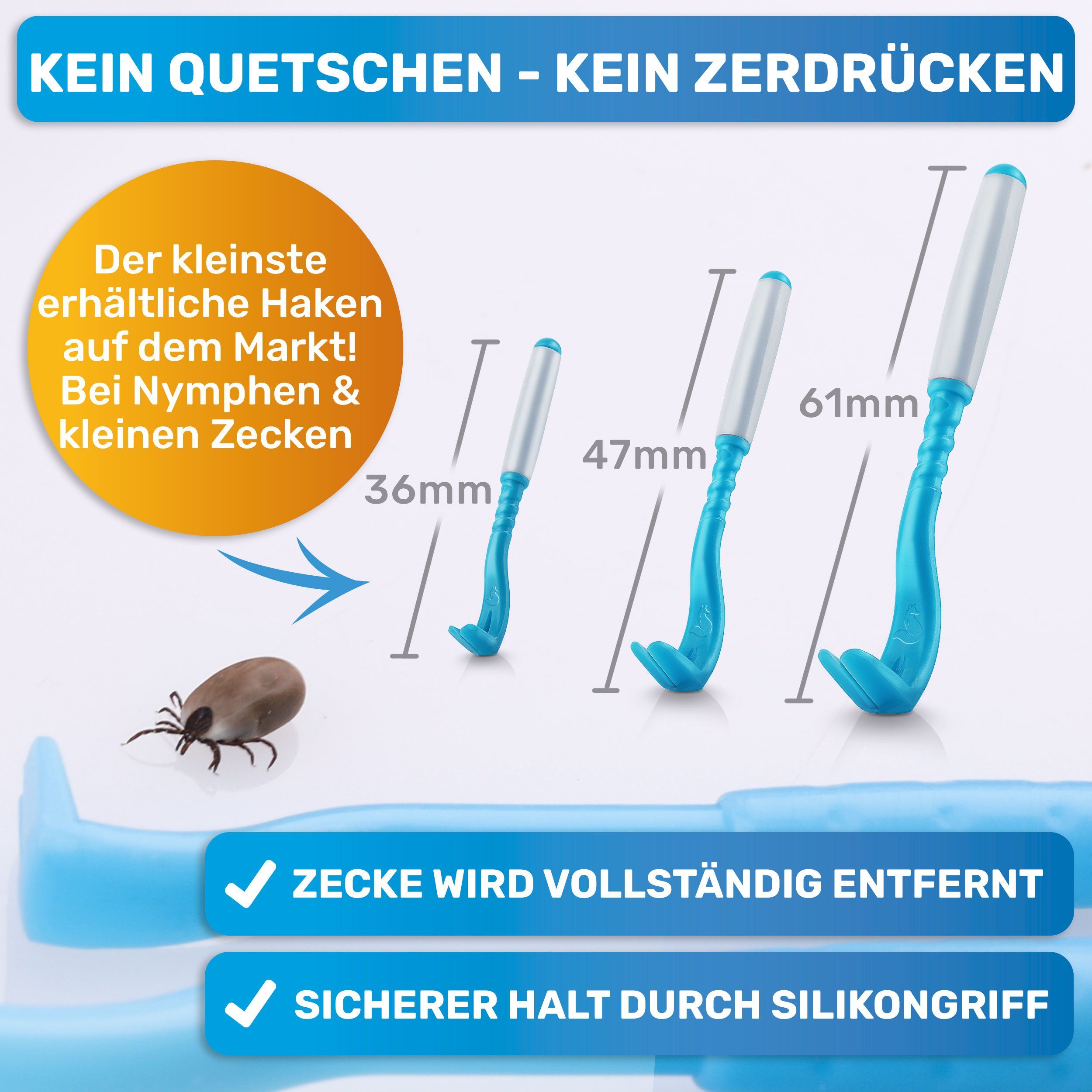 BluePet Zeckenpinzette "Tick-Trick" Zeckenhaken Set Zeckenentfernung in Menschen Zeckenentferner, 3er für France Tiere Blau und Premium Made