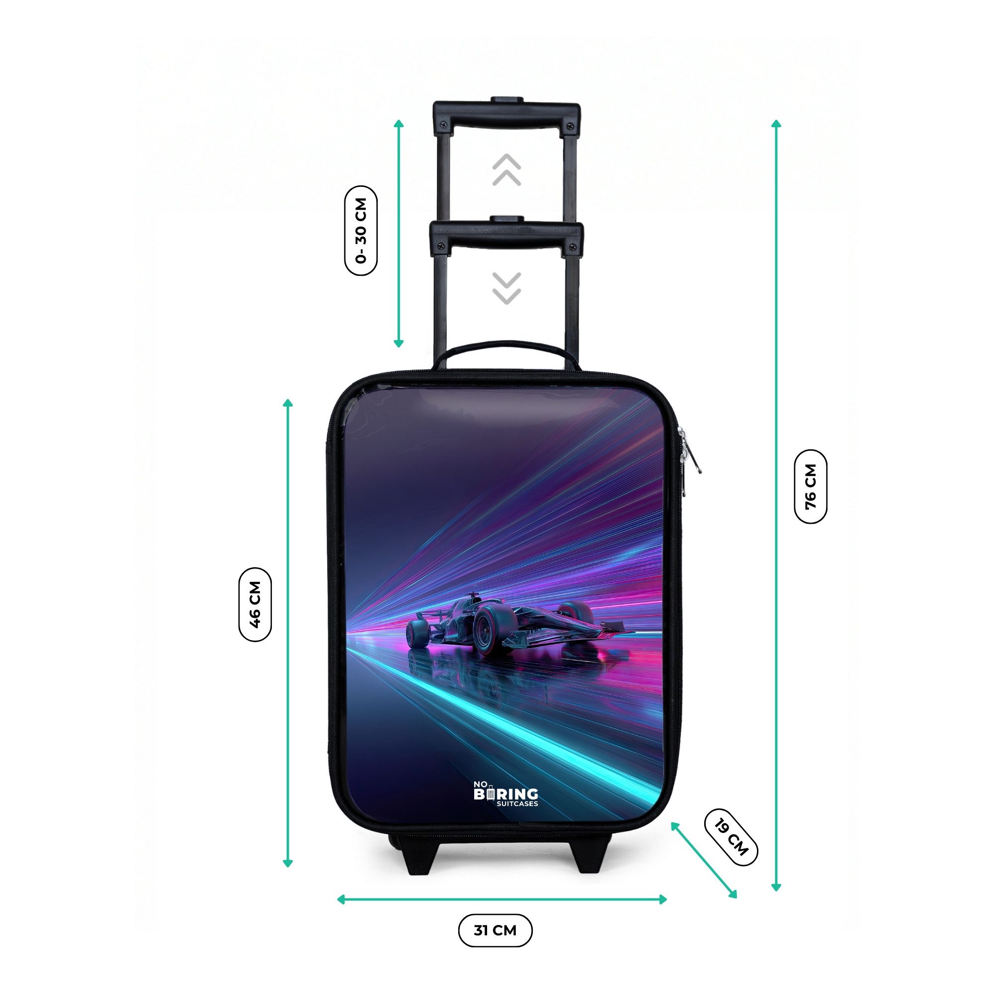 NoBoringSuitcases.com© Kinderkoffer mit leuchtende Räder - Neon - Rennwagen - Leichte Streifen - Lila, 2 Rollen, Kinder Koffer Klein, Trolley Handgepäck, Reisekoffer