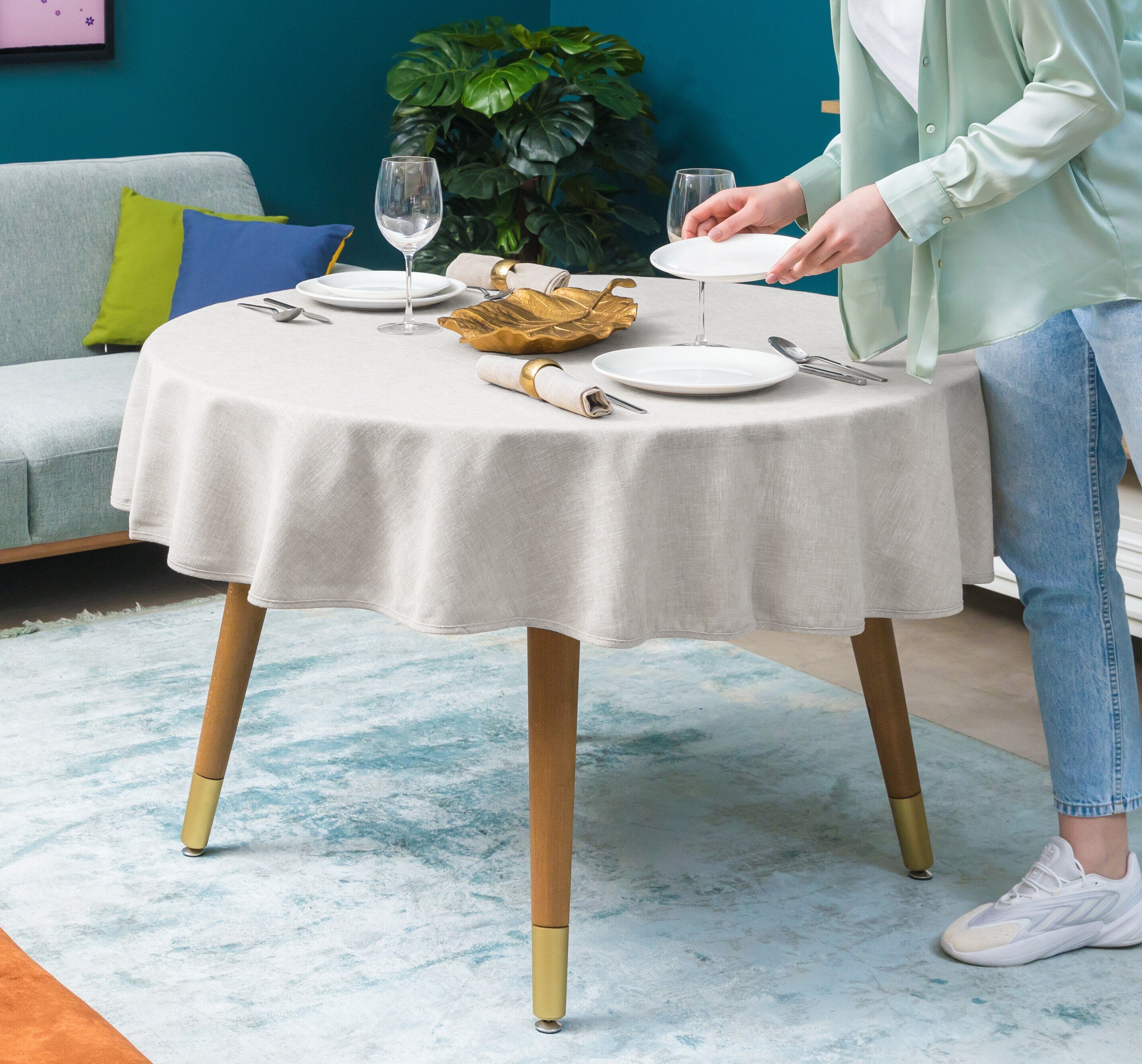 Simurq Tischdecke Wasserabweisend, Leinenoptik Tischdecke Abwaschbar - Lotuseffekt (Pflegeleicht & fleckenabweisend Tischdecken, Tischdecke Rund - Tischtuch Table Cloth)