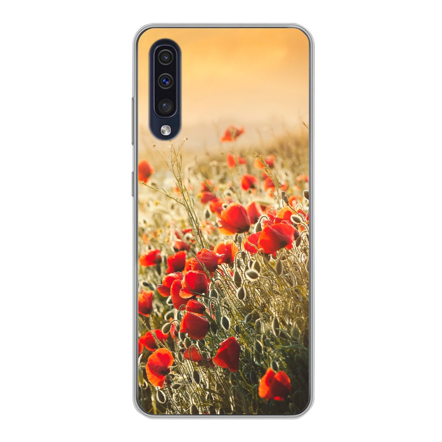 MuchoWow Handyhülle für Samsung Galaxy A30s Sonnenstrahlen über einem Mohnblumenstrauß, Smartphone-Bumper, Print, Handy Schutzhülle Dünn