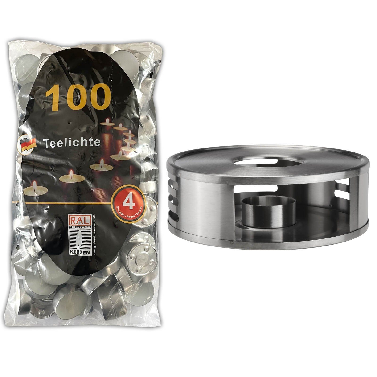 HAC24 Stövchen Teewärmer Speisenwärmer Tee Kaffee Warmhalteplatte,  Edelstahl, inkl. Teelichthalter und 100 Teelichter