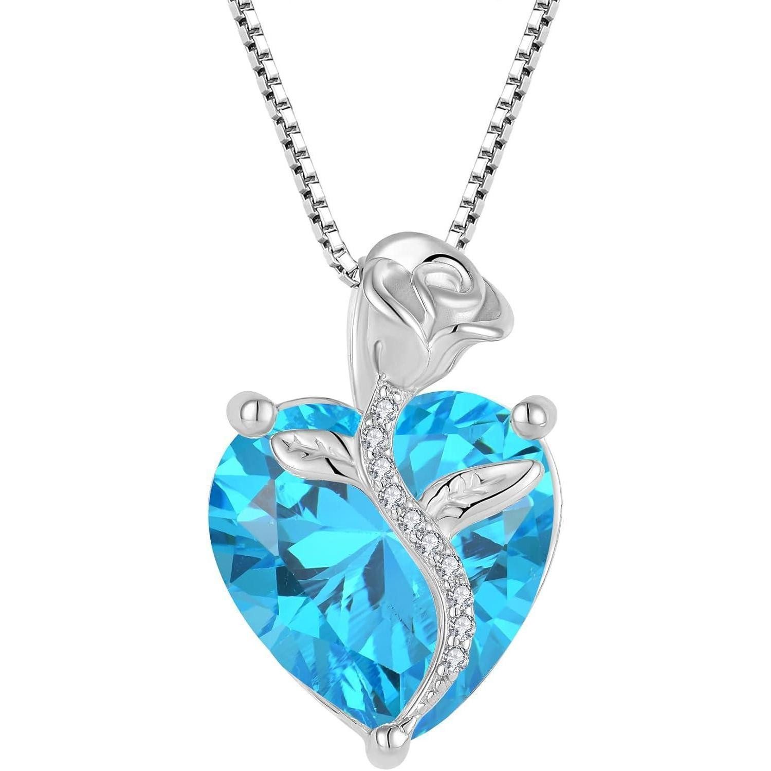 LuxusKollektion Herzkette Herz Anhänger Aquamarin Geburtsstein Halskette 925 Silber Blume