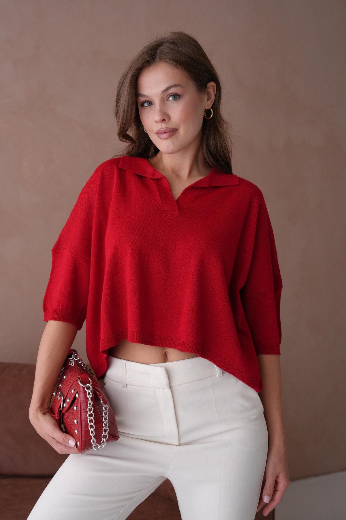 WOMAN VISION Blusentop Oversize-Crop-Damenbluse mit Polokragen