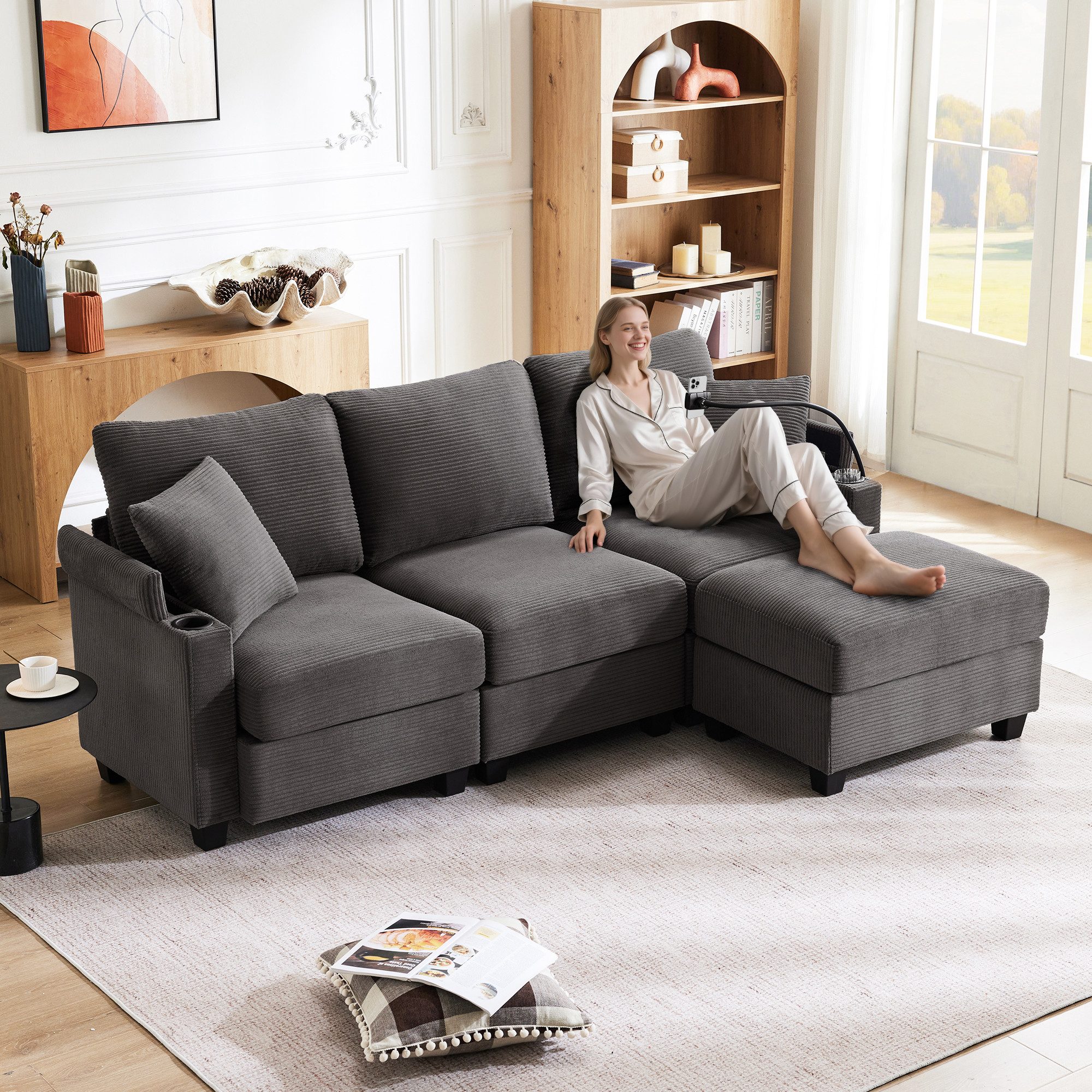 i@home Ecksofa L-förmiges Sofa, 3-Sitzer-Sofa, Beige/Grau, mit Getränkehalt günstig online kaufen