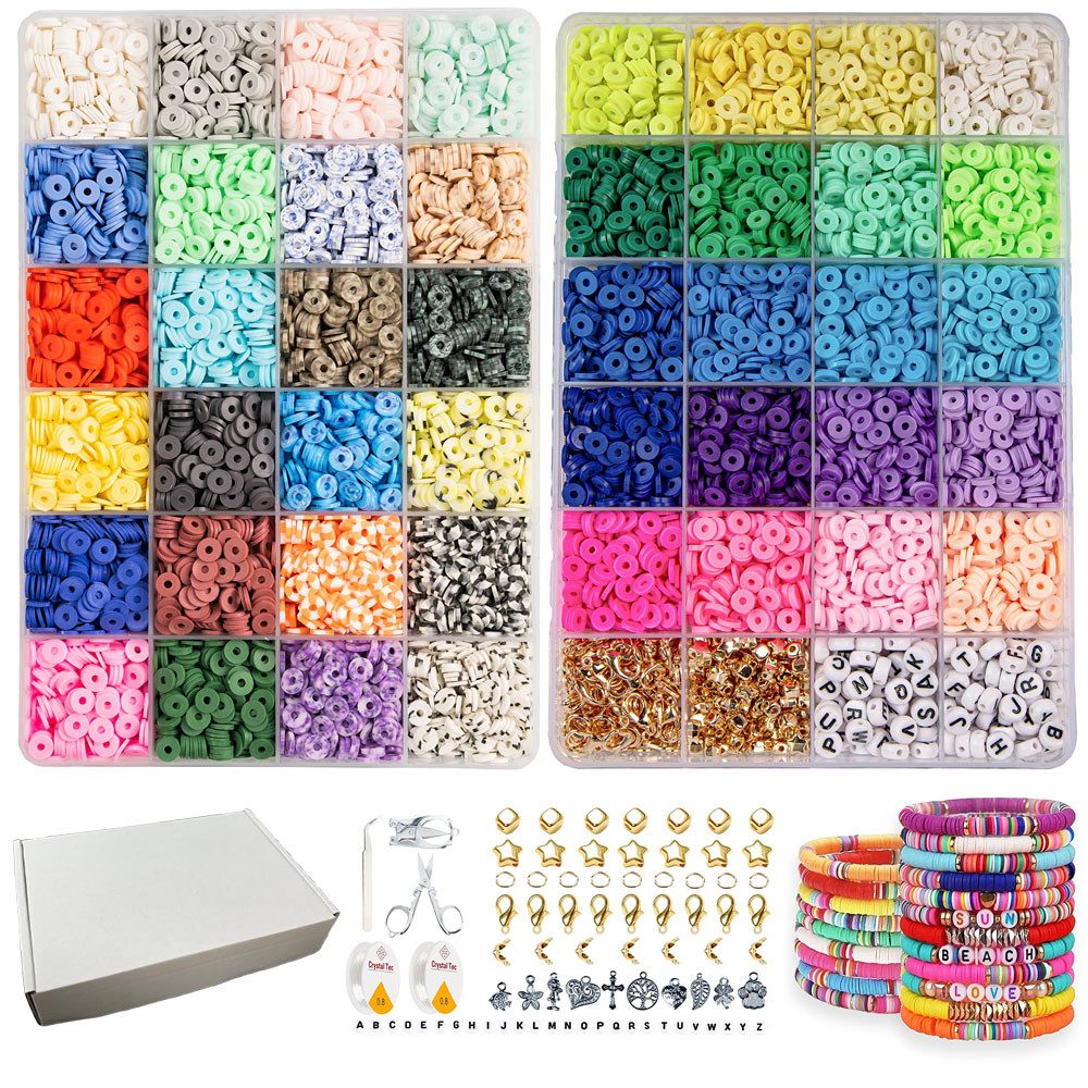 SURFOU Kreativset 12000 Stück 6mm Polymer Clay für Armbänder Ringe Ketten DIY, (Bastel Sets, Bastelset Weihnachten Kinder, Bastelset Weihnachten, Basteln Weihnachten, Armbänder selber machen, Perlen zum Auffädeln, DIY Set Erwachsene, Basteln Erwachsene, Perlen Set, Schmuckherstellung Kit für Ringen Halsketten Geschenk, Erwachsener, 1-tlg., 44 Farben)
