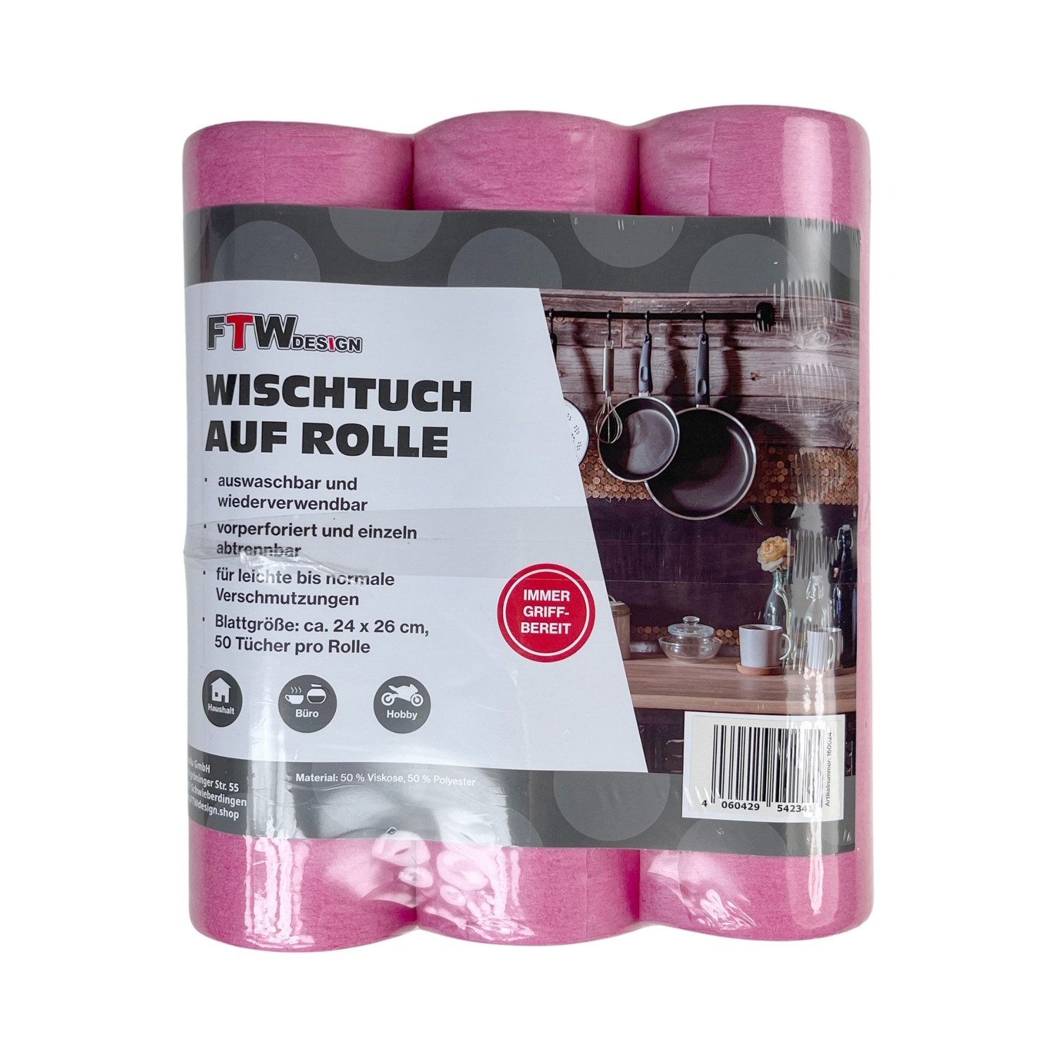 FTWdesign Universal Wischtuch auf Rolle in pink im 3er Set Reinigungstücher