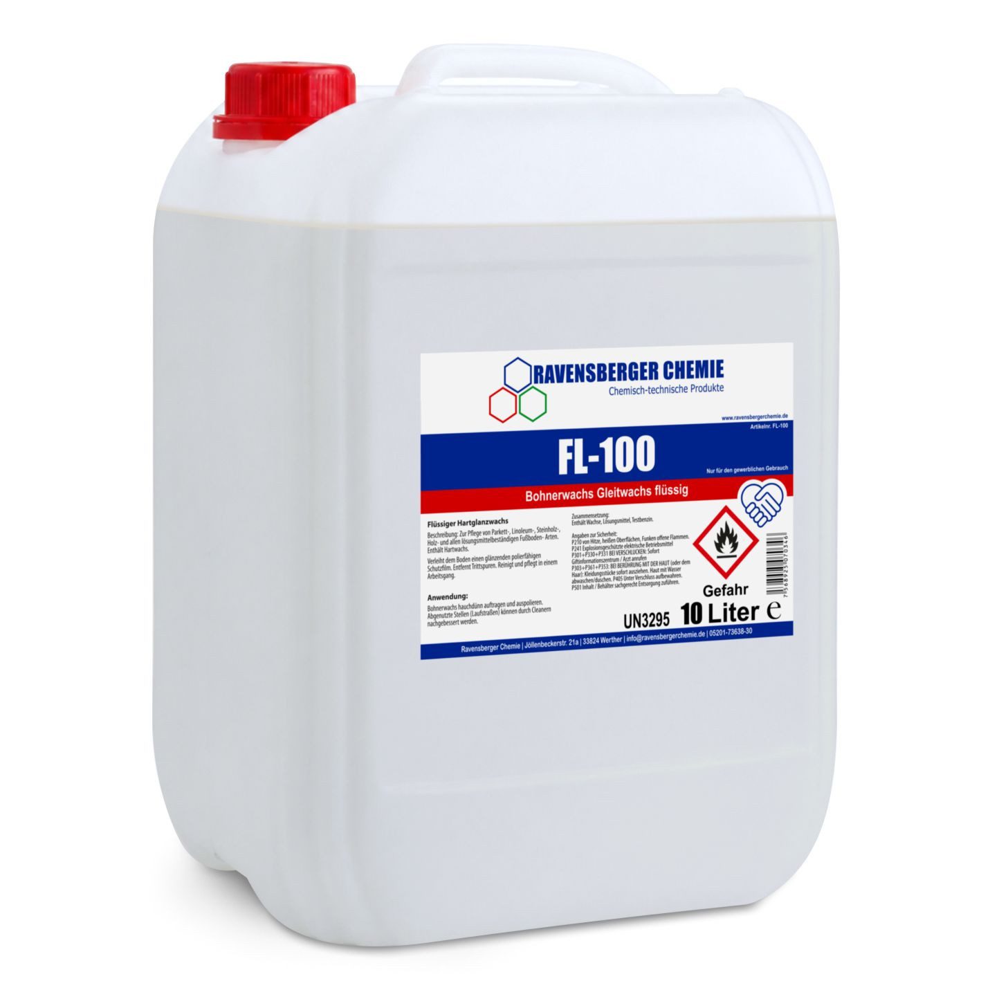 Ravensberger Chemie FL-100 Bohnerwachs - 10 L Bodenpflegemittel, Flüssiger Hartglanzwachs – Glanz & Schutz für Holzböden