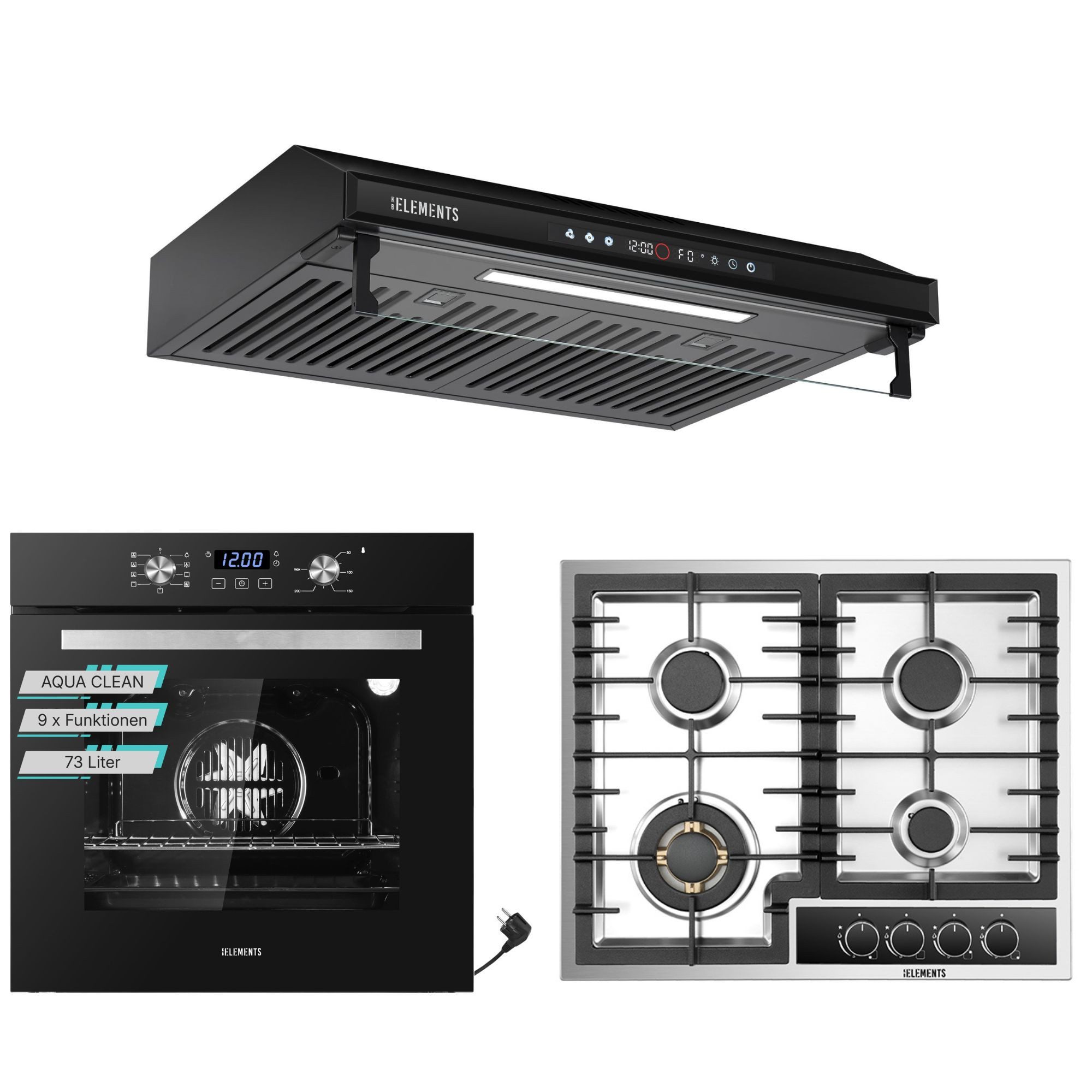 KB Elements Backofen-Set Einbaubackofen 60 cm mit Gaskochfeld 4 Flammig, AQUA CLEAN, Aqua Clean, Gaskochfeld mit Vollkupfer-Brennern