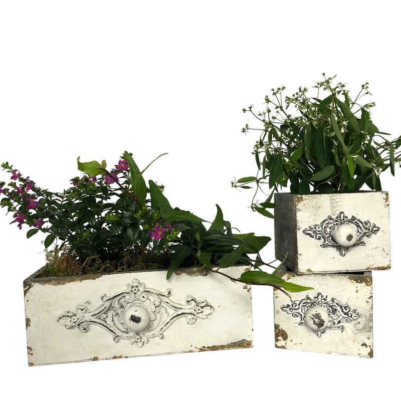 Online-Fuchs Blumentopf 3er Set Schubladen im Vintage Stil zum Bepflanzen P26 (wasserdicht, Maße kleine ca. 10x10x8,5 cm Maße große Schublade ca. 24x12x9 cm), weiß, mit Ornamenten, für Blumen oder Kräuter
