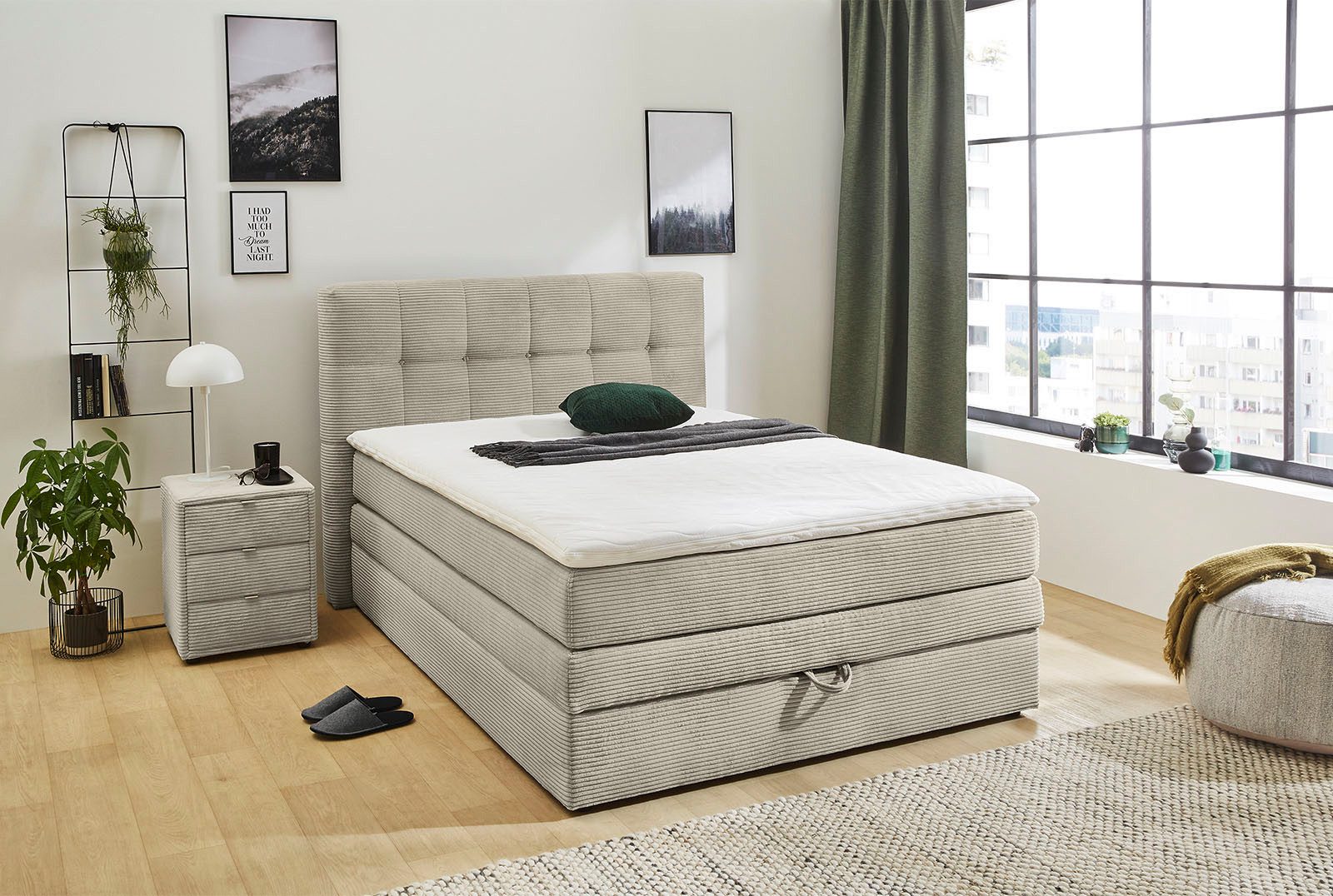 Jockenhöfer Gruppe Boxspringbett AMY mit Bettkasten, inkl. Bonnell- oder Taschenfederkernmatratze H2-H4, mit 6 cm Kaltschaum-Topper, Cord-Bezug, 120x200 und 140x200 cm