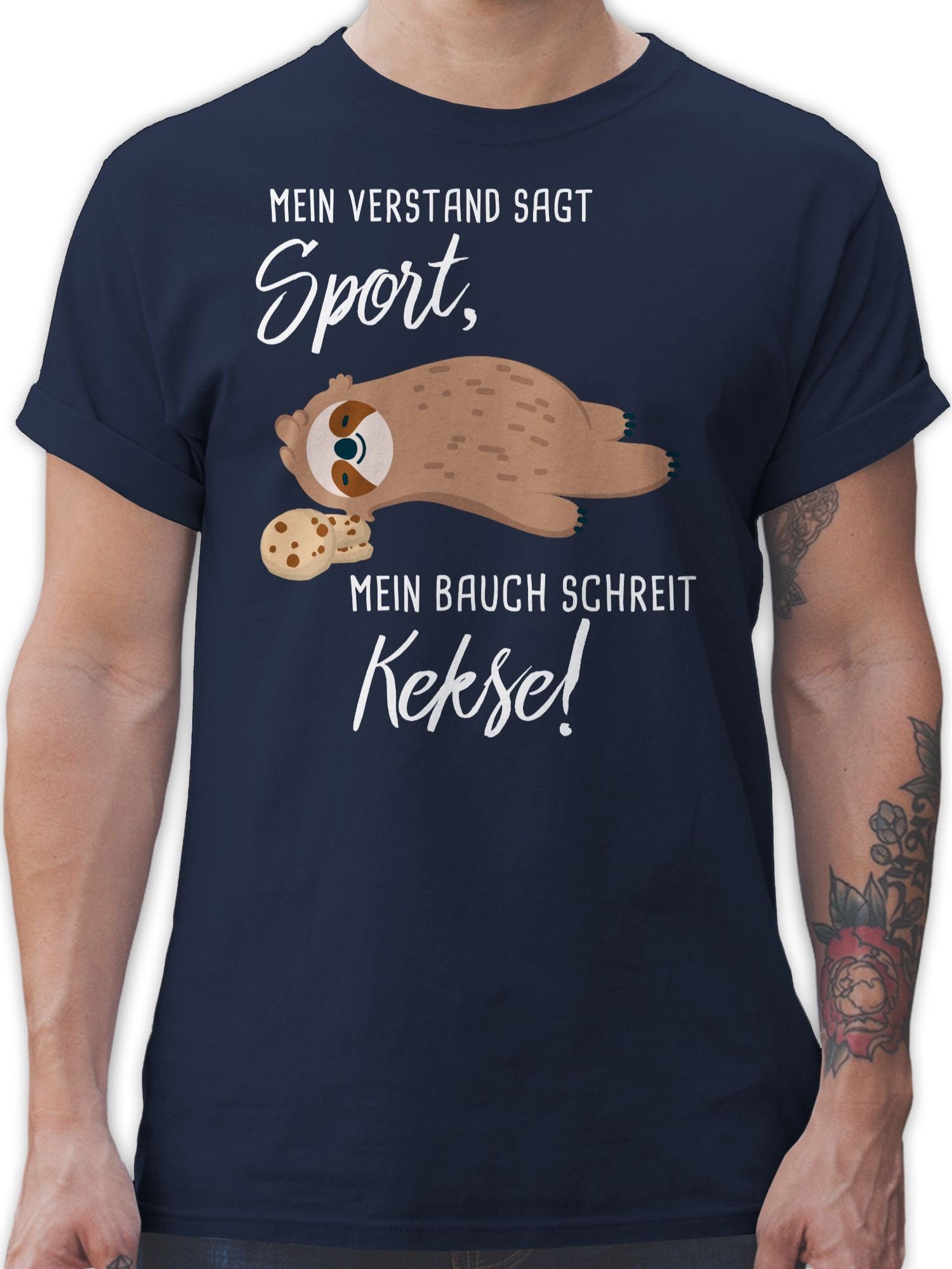 Shirtracer T-Shirt Mein Bauch schreit Kekse! Faultier Sprüche Statement 02 Navy Blau