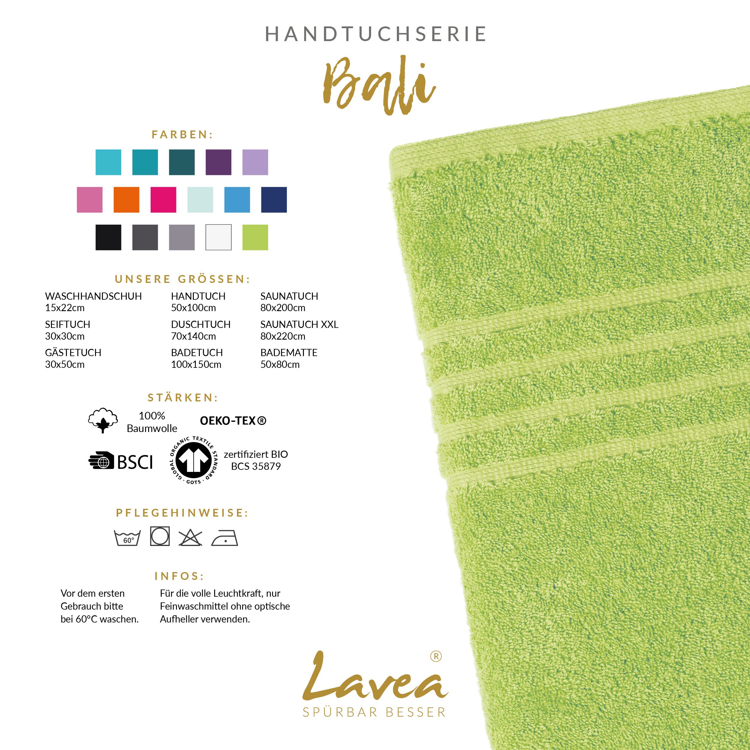 Lavea Badetuch Bali Duschtuch 100x150 cm Duschtuch 70x140 cm, Weiches Bio-Baumwollfrottee (1-St), Handtuch, GOTS-zertifiziert, extra saugstark mit 500g/m²