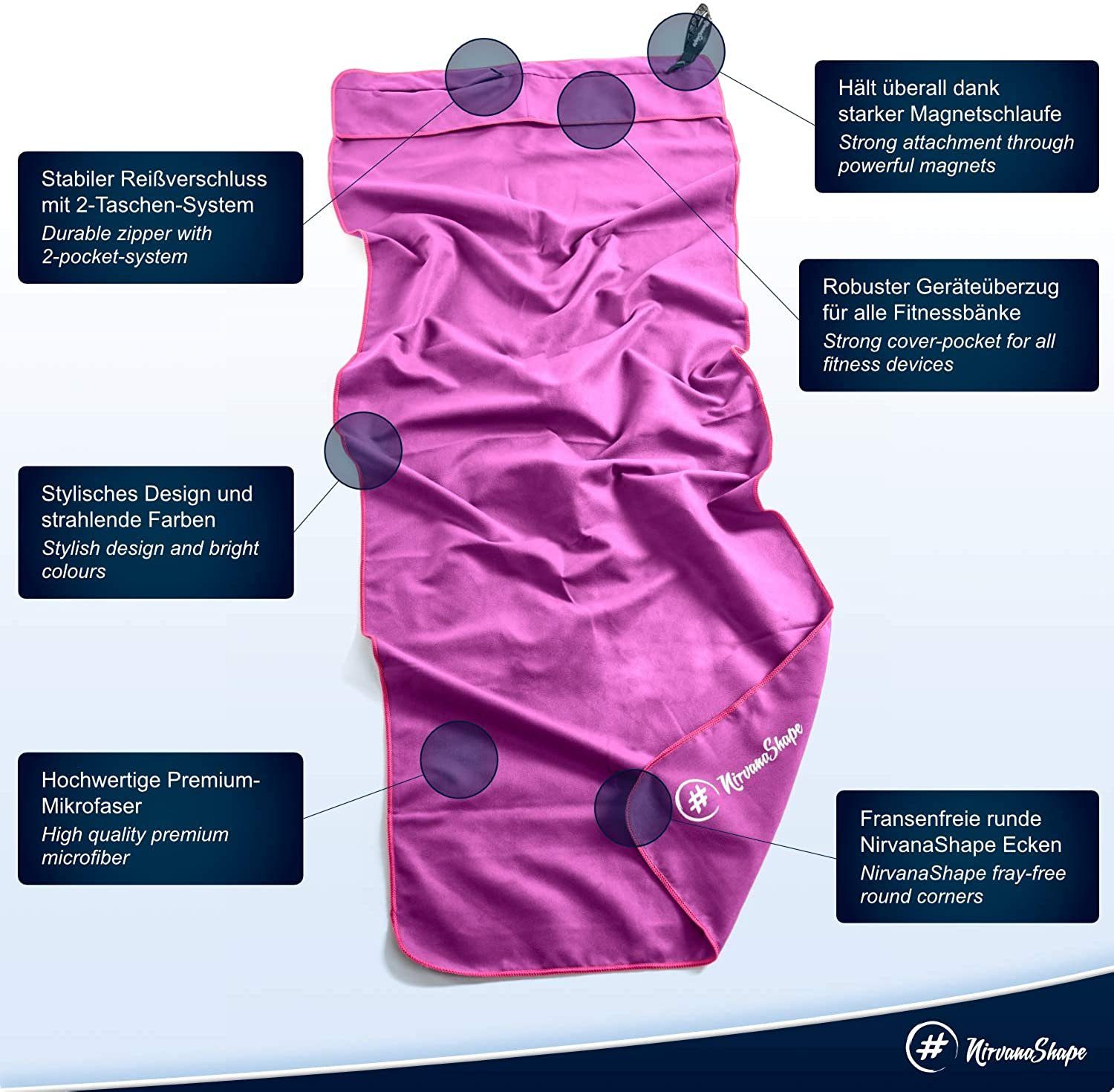 & / Geräteüberzug, Funktionaler Pink Sporthandtuch Pinker Reißverschlusstaschen 2x Sporthandtuch, Fitness-Handtuch Microfaser, Rand Magnet-Clip, Ultra-Saugfähig NirvanaShape Mikrofaser mit