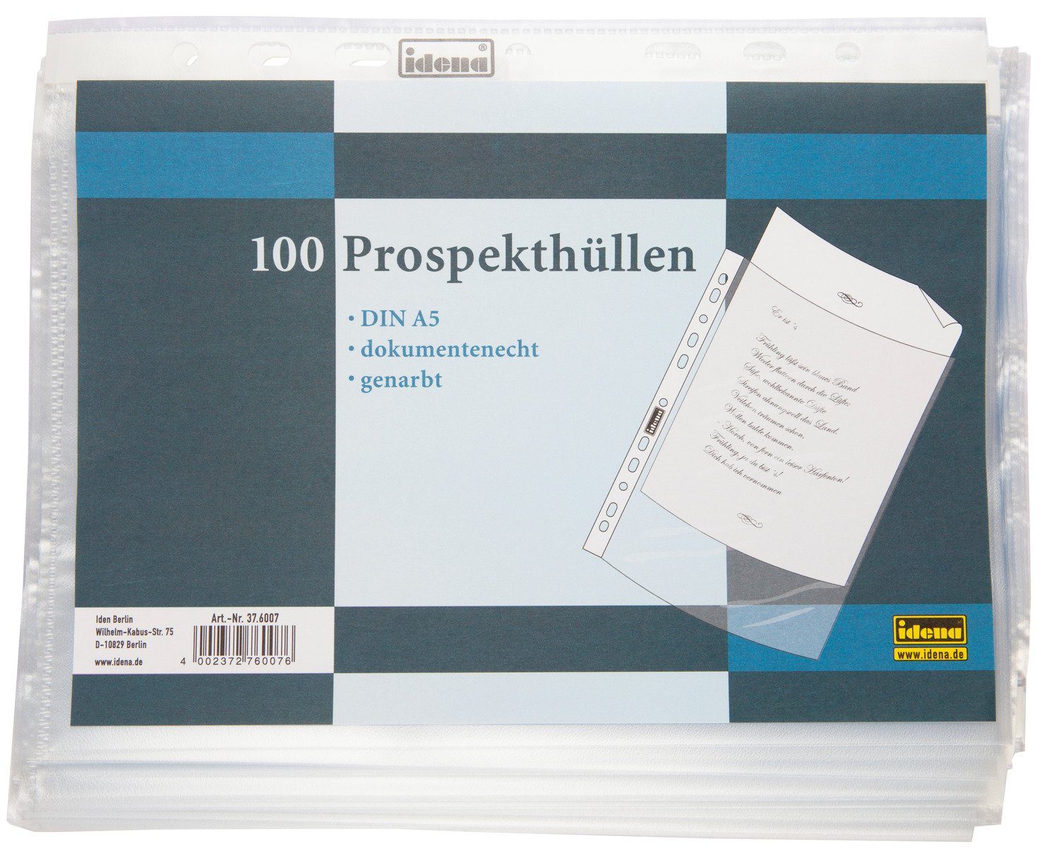 Idena Prospekthülle Idena 376007 - Prospekthülle DIN A5 Format, 60µ, genarbt, 100 Stück
