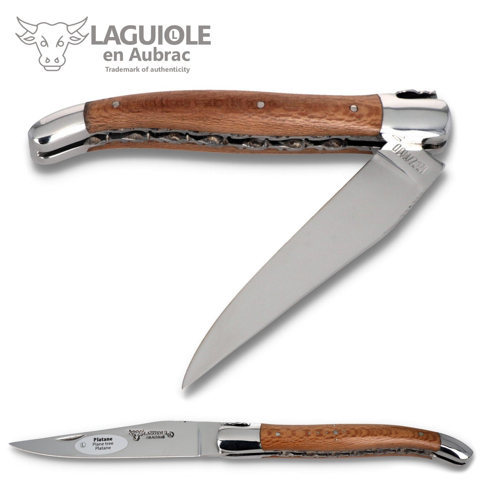 Laguiole en Aubrac Taschenmesser L0712PYNIF-BRI, Griff 12cm Platane - Feder verziert - Doppelplatine - Stahl glänzend