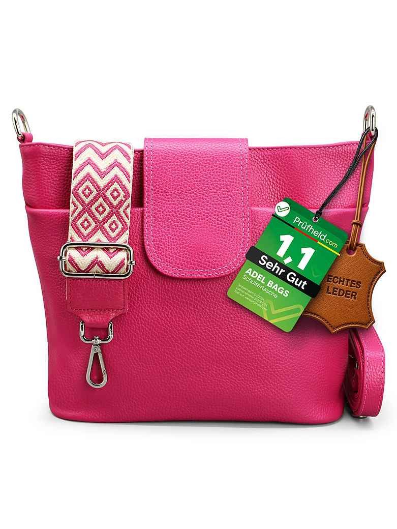 Adel Bags Schultertasche SARA Umhängetasche Damen Pink aus Echtleder Crossbody (Test SEHR GUT, Note 1.1), 20 Farboptionen, Hergestellt in Italien, mit 2 Riemen