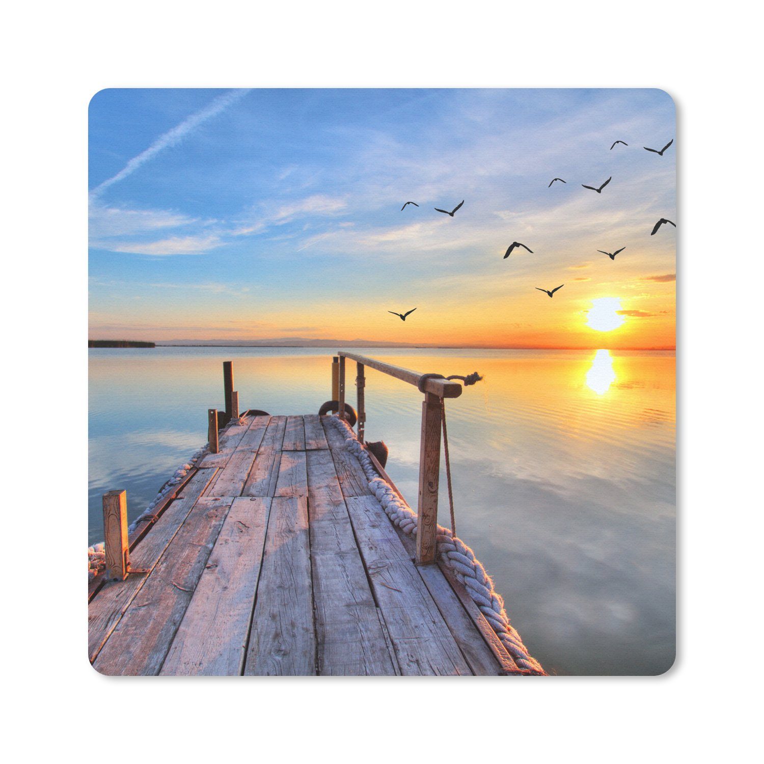 MuchoWow Mauspad Wasser - Steg - Vögel - Sonnenuntergang - Horizont (1-St), Mousepad, Schreibtisch Zubehör, Deko, 20x20 cm