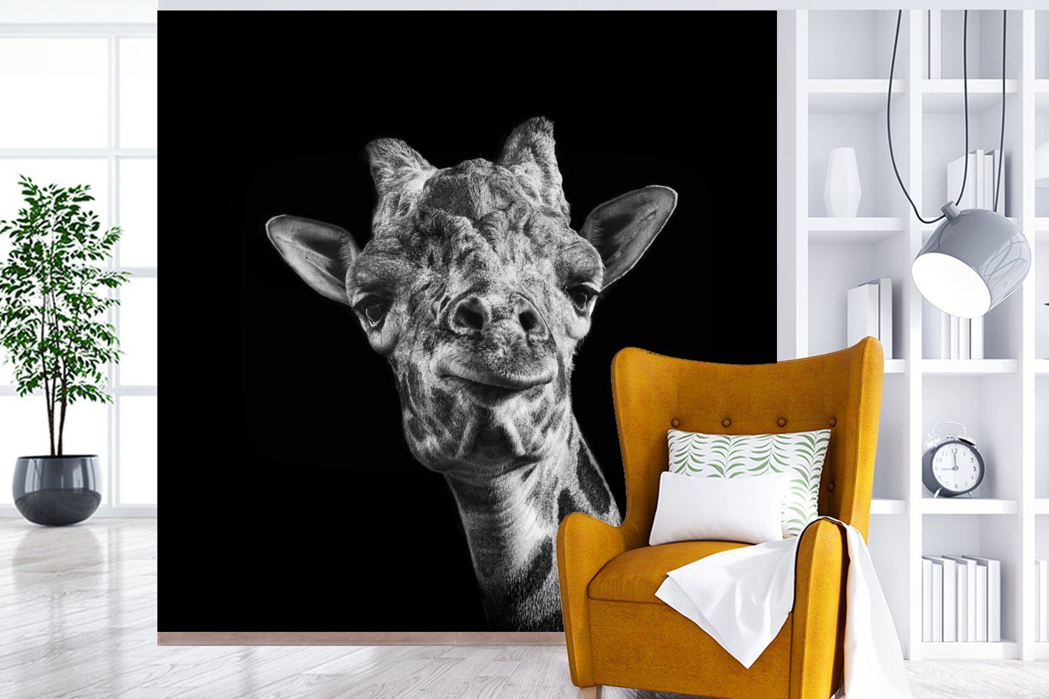 Tapete Fototapete Giraffe Wohnzimmer - - Vinyl Tier Wandtapete oder MuchoWow bedruckt, (5 Matt, Weiß, Schwarz - St), für Schlafzimmer,