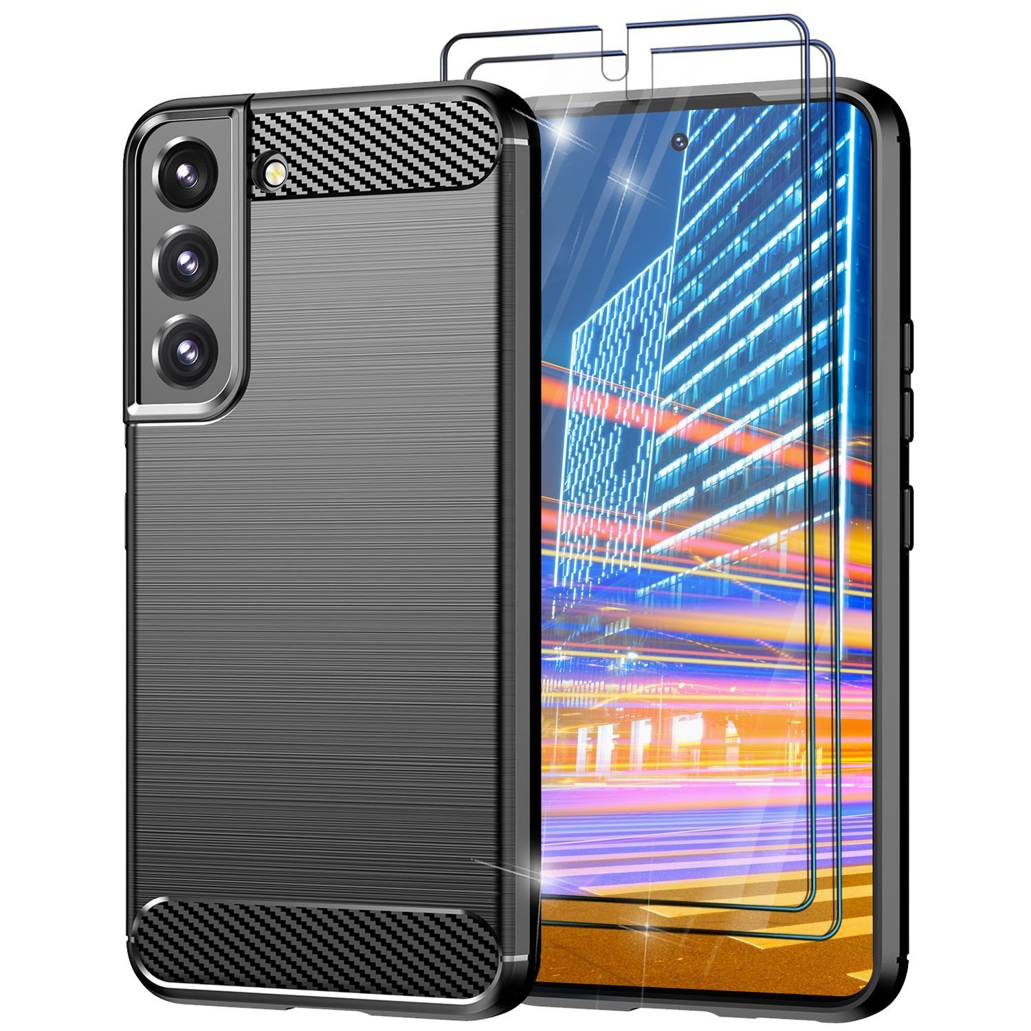 Nalia Smartphone-Hülle Samsung Galaxy S23 Plus, Carbon-Look Silikon Hülle / 2x Displayschutz / Karbon-Optik Handyhülle