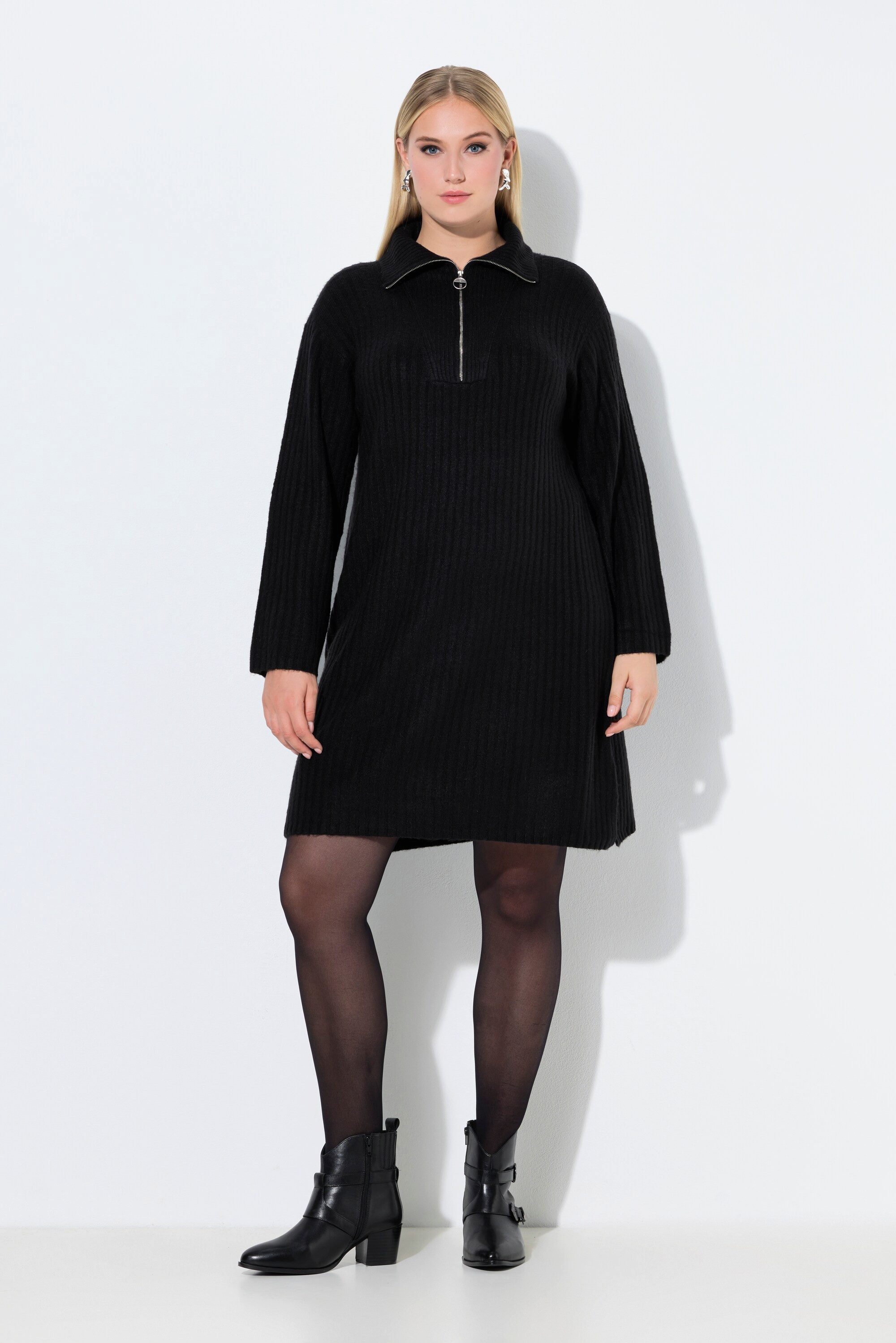 Midikleid Strickkleid A-Linie Rippstrick Troyerkragen