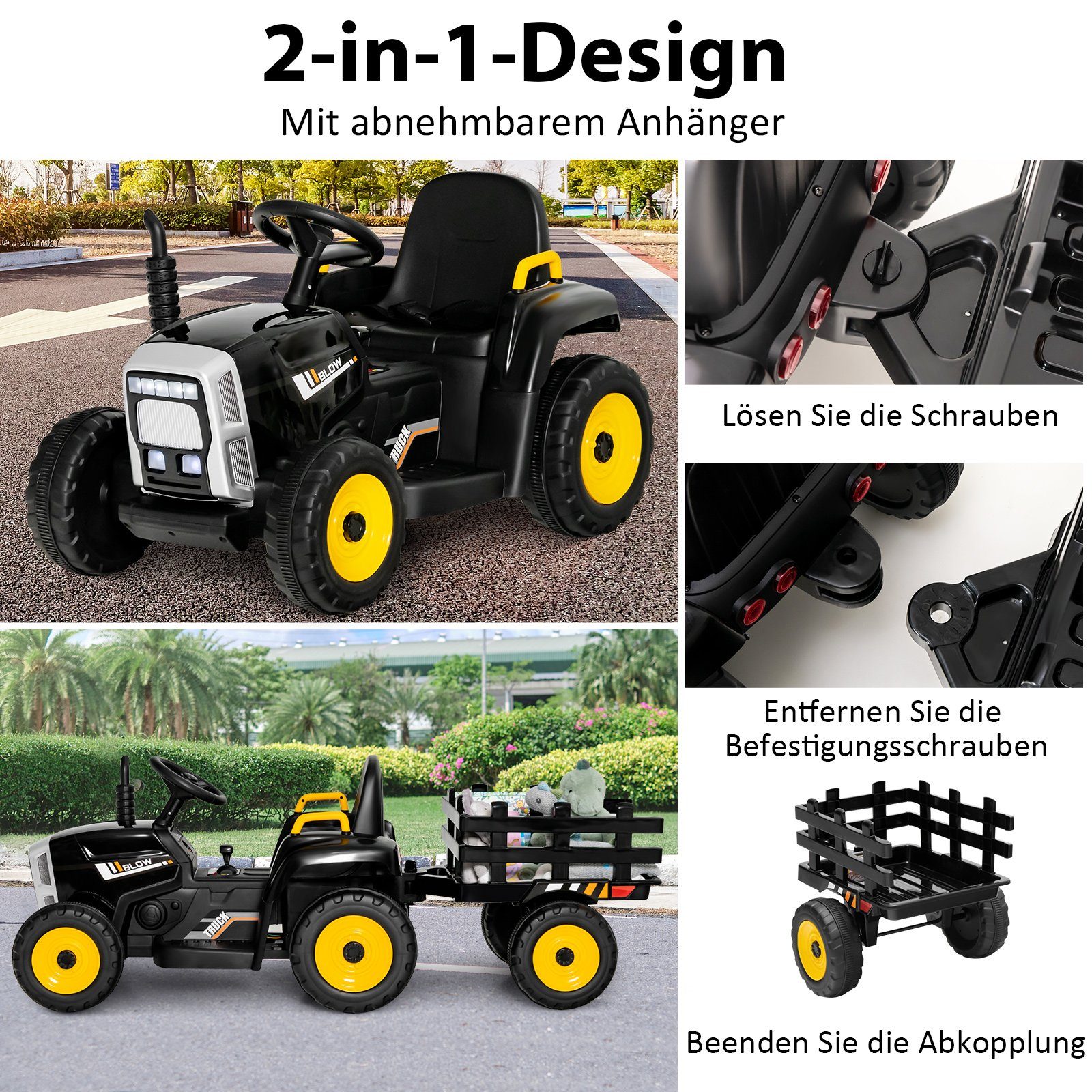 COSTWAY Elektro-Kindertraktor Aufsitztraktor, mit USB & abnehmbarem Anhänger