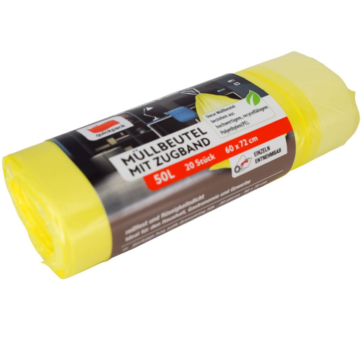 QuickPack Müllbeutel 20 Müllsäcke in Gelb 50L reißfest & flüssigkeitsdicht Folienbeutel, mit Zugband